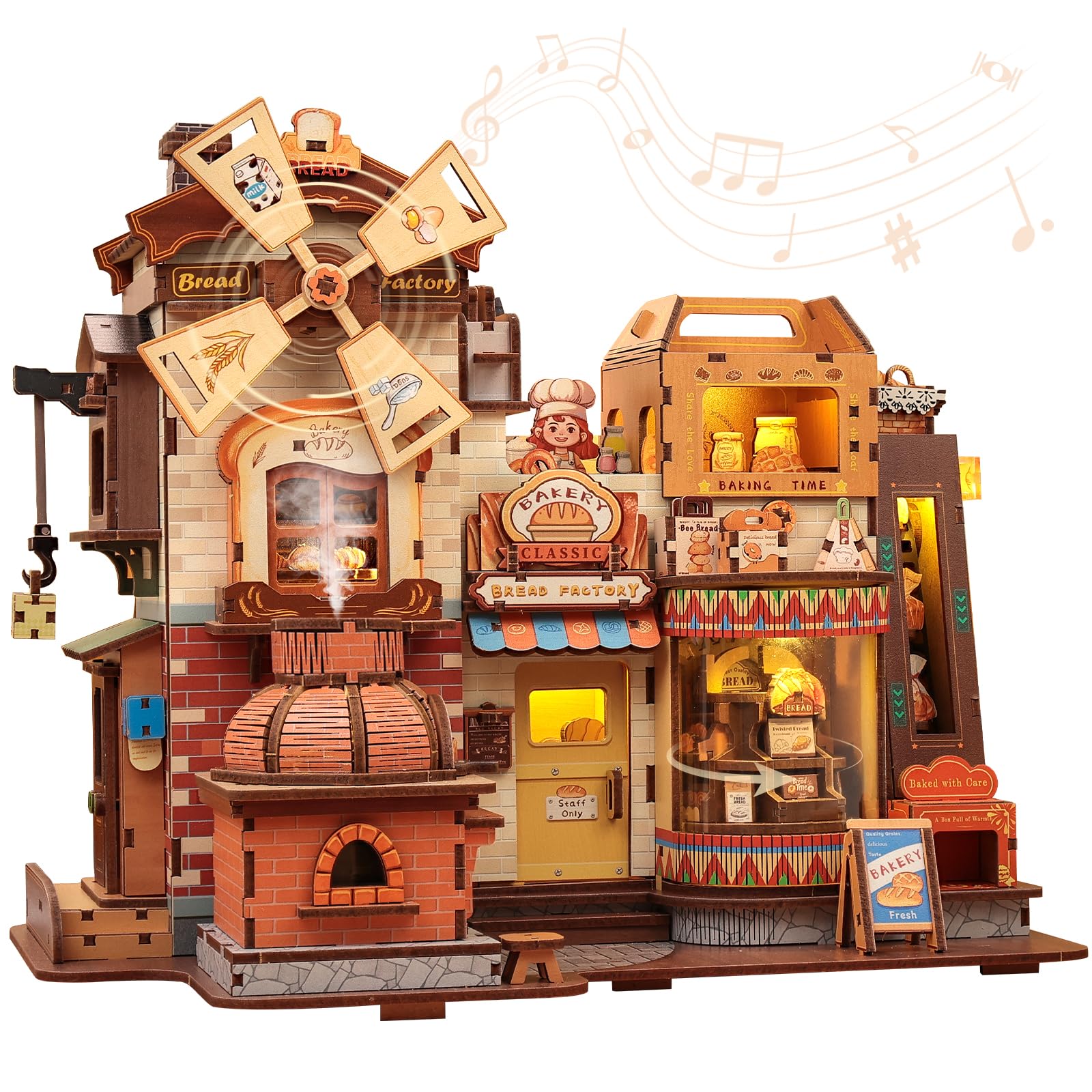 Cutefun 3D Wooden Puzzle Model Kits - Miniature Kit for Adults to Build - Mechanical Bread Factory Building with Music & Smoke Effect & Light Up, 572pcs, Gifts for Women Teens