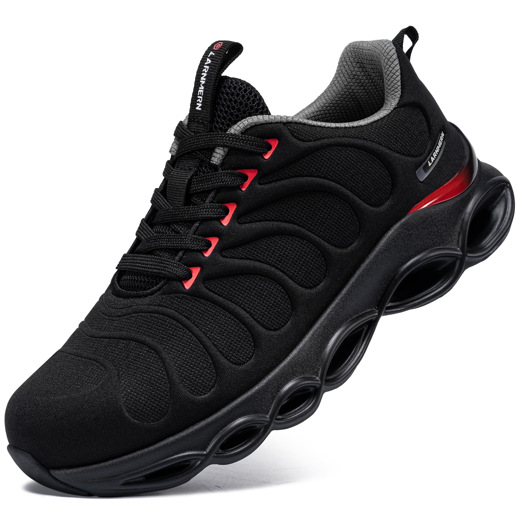 LARNMERN Buty sportowe ze stalowym noskiem, męskie buty ochronne, oddychające buty ochronne, wygodne buty robocze, lekkie, amortyzacja, moda, 3,5UK-44UK, Tryb czerwony czarny, 47 EU