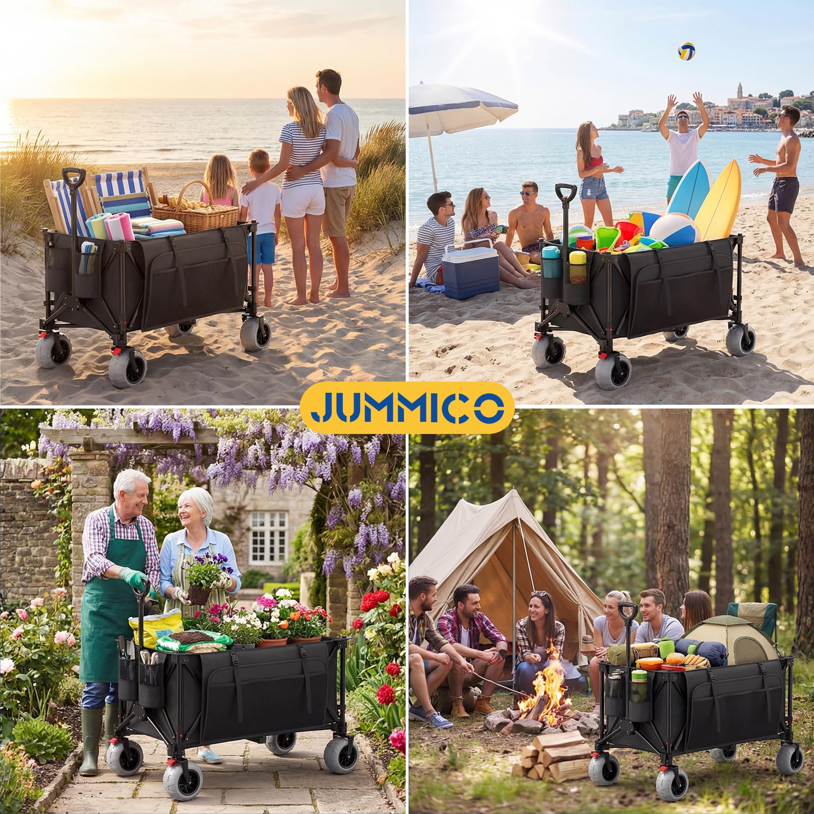 JUMMICO Chariot de Plage à roulettes Pliable ｜ Capacité 200L ｜ Charge 150kg ｜ Poignée Réglable ｜ Sac Latéral 25L Offert ｜ Chariot de Transport avec Frein ｜ pour Plage, Parc, Courses, Camping