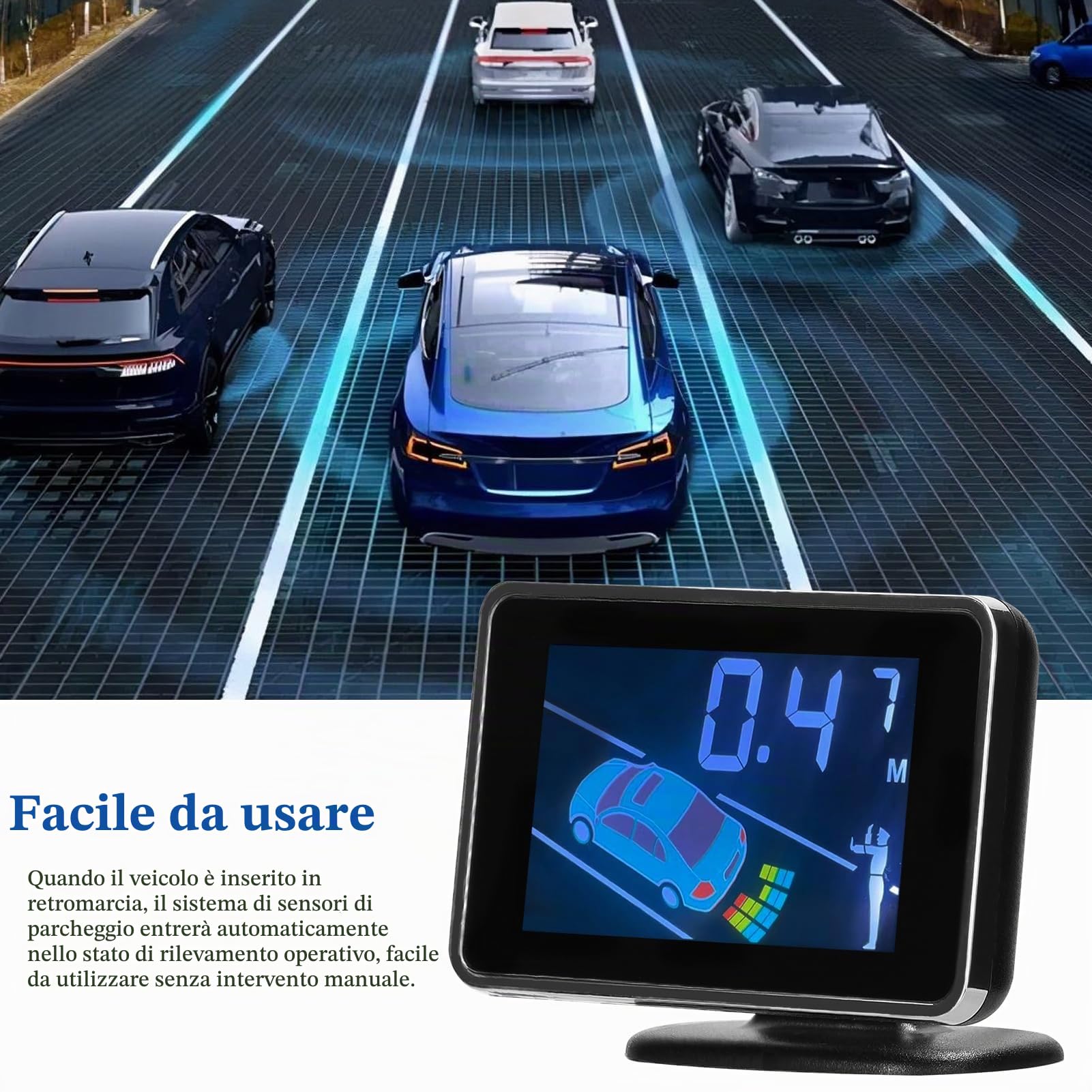 Sistemas del Sensore di Parcheggio per Auto con 8 Sensori - Inversione Anteriore e Posteriore con Avvertimento Sonoro, Display a Distanza LCD Regolabile e modalità di (BLACK)