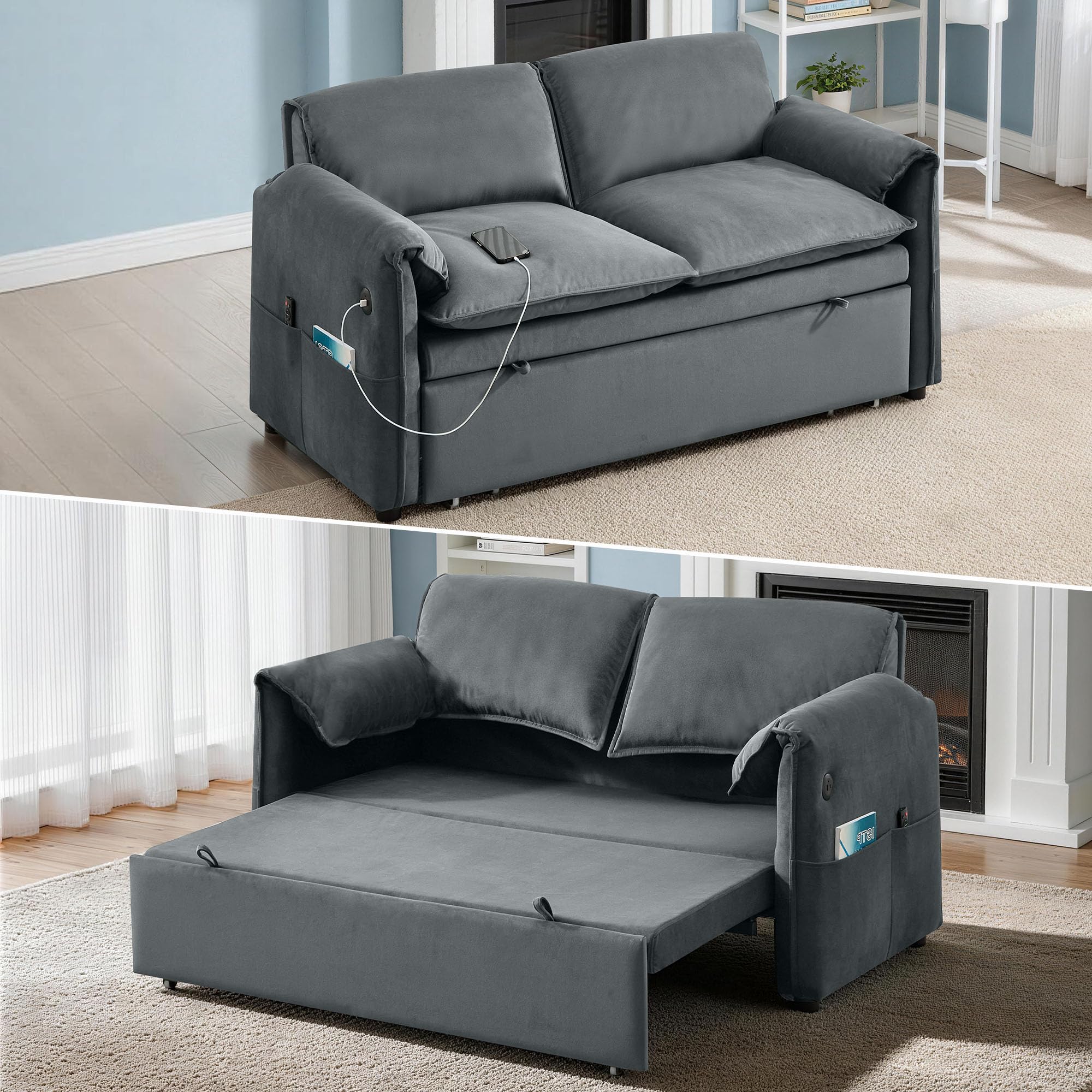 63" pull out sofa bed, 3-in-1 convertible futon loveseat queen sleeper sofa couch bed with adjustable backrest, usb ports & side pockets, modern velvet sofas for living room, apartment, light grey