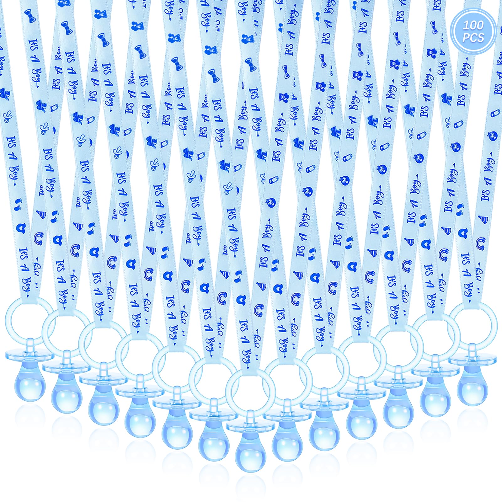 100 collane con ciucci per baby shower, graziose collane in acrilico per chupones para baby shower giochi fascino, bomboniere, decorazioni fai da te, rivelazione di genere spargere la tavola (blu)