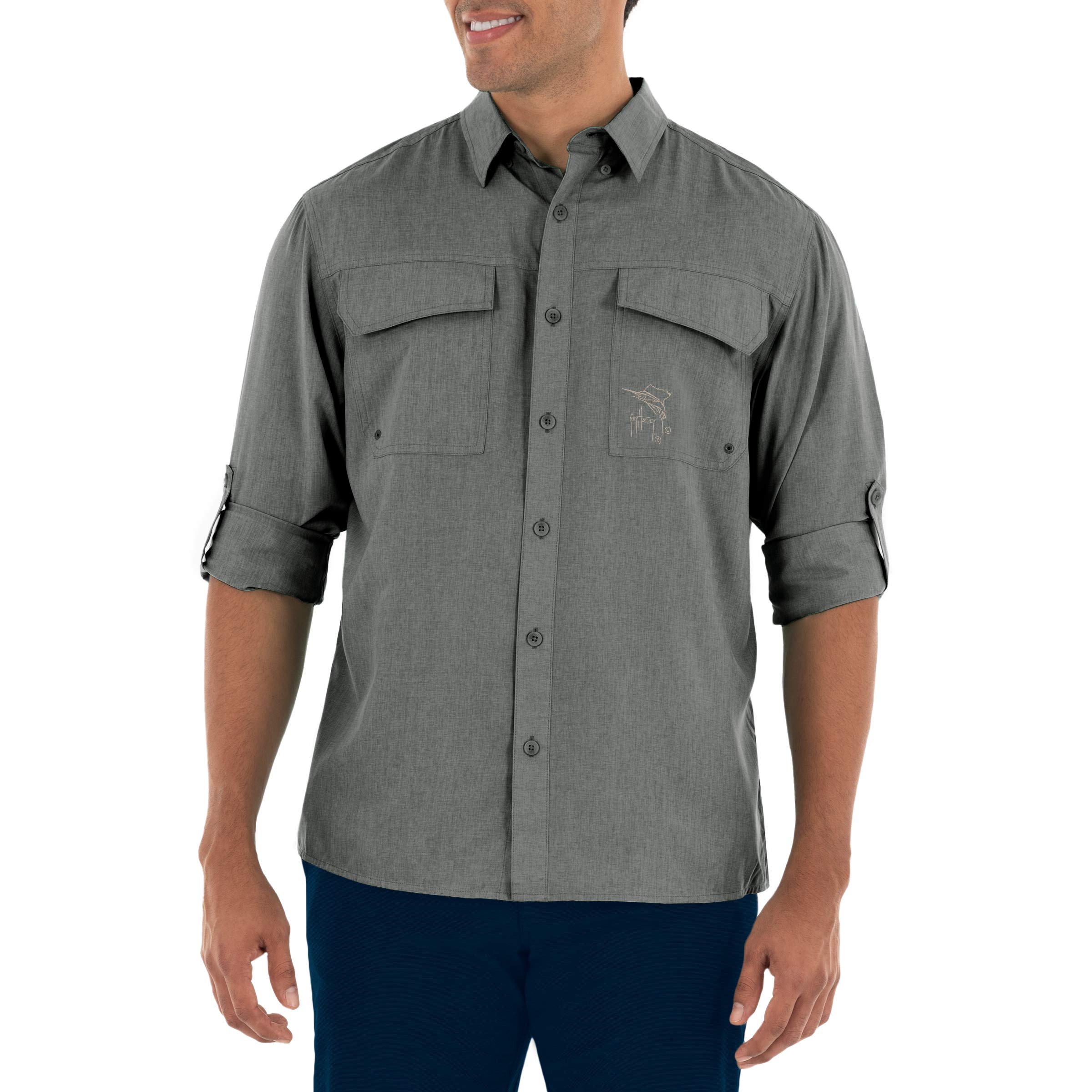 Guy Harvey Men's Long Sleeve Harbor Heather Performance Fishing Shirt, Charcoal, Large