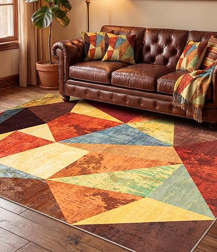 Miniatura 20 de YIHOUSE Alfombra naranja quemada lavable de 8 x 10 pies, Alfombras para Salas, alfombras retro estilo granja marrones, alfombra ondulada abstracta