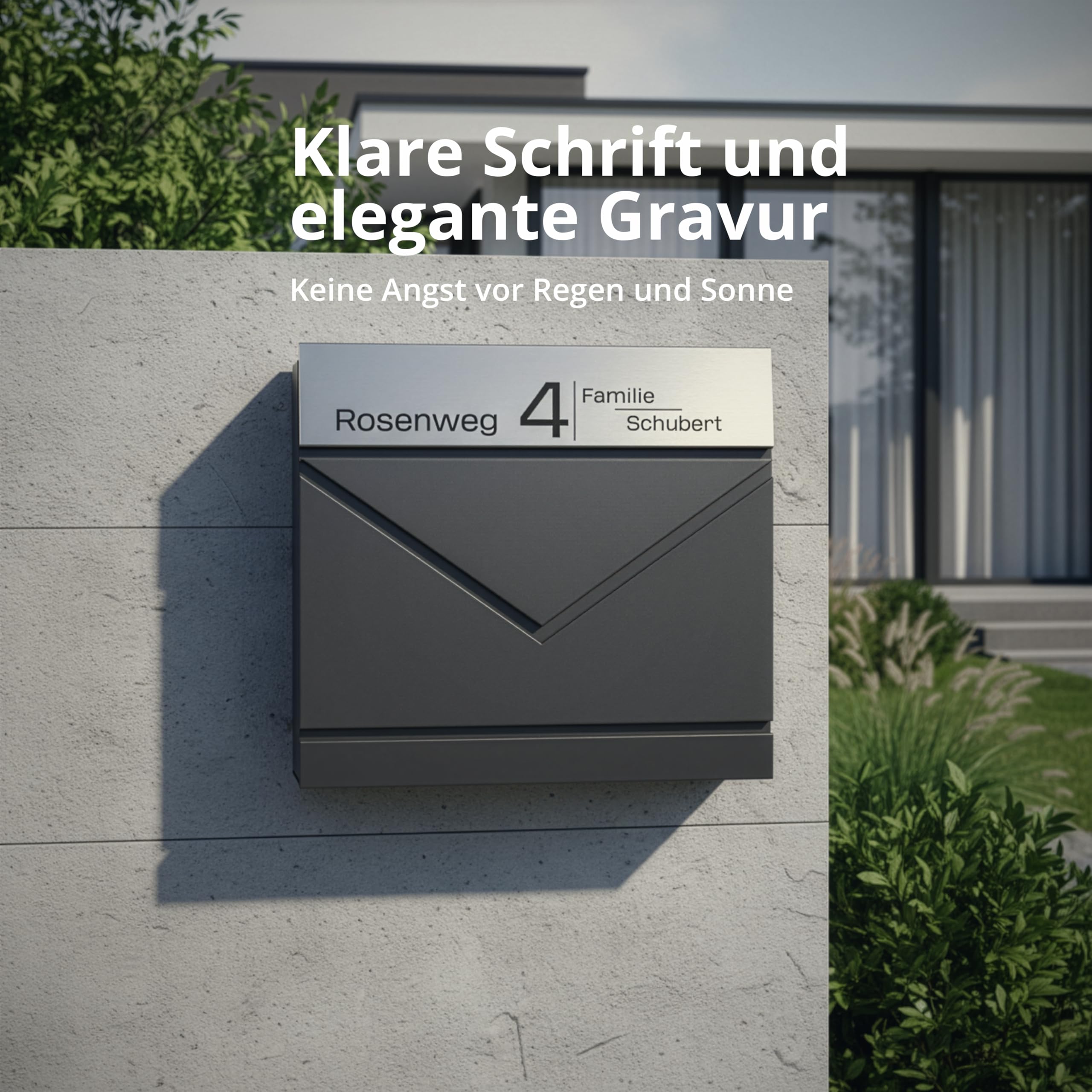 Grafner Premium Briefkasten personalisiert, RAL7016 mit Zeitungsfach und 2 Schlüssel, moderner Postkasten mit Name Straße Hausnummer, anthrazitgrau Wandbriefkasten graviert, mit Montagematerial