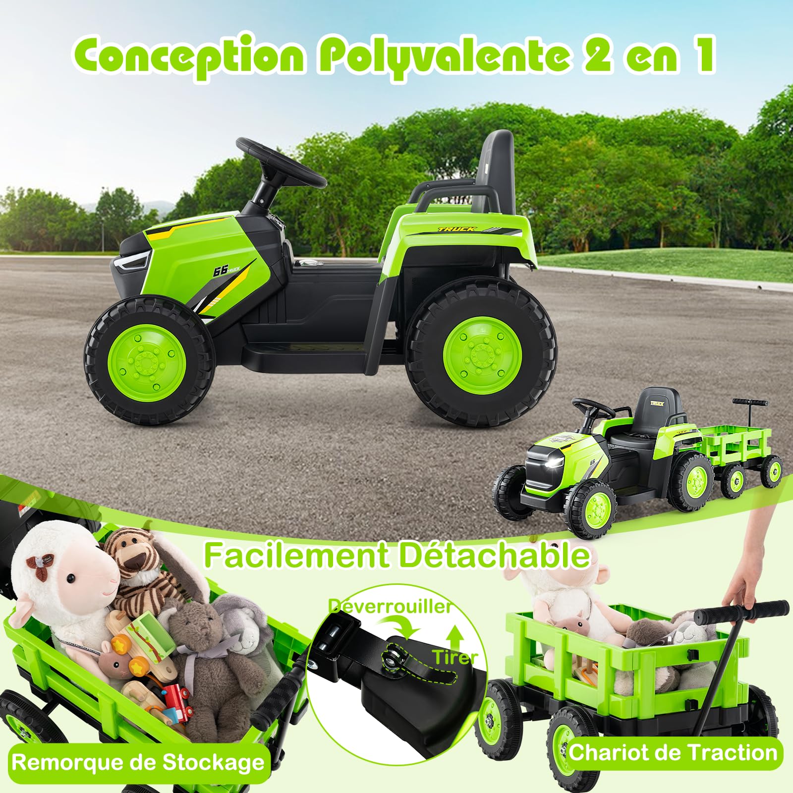 GOPLUS Tracteur Électrique Enfants 12V avec Remorque Détachable, Voiture Électrique Enfants Télécommandé avec Démarrage Arrêt Progressif, Lumières LED et Klaxon,Charge 30KG pour 3-8 Ans (Vert)
