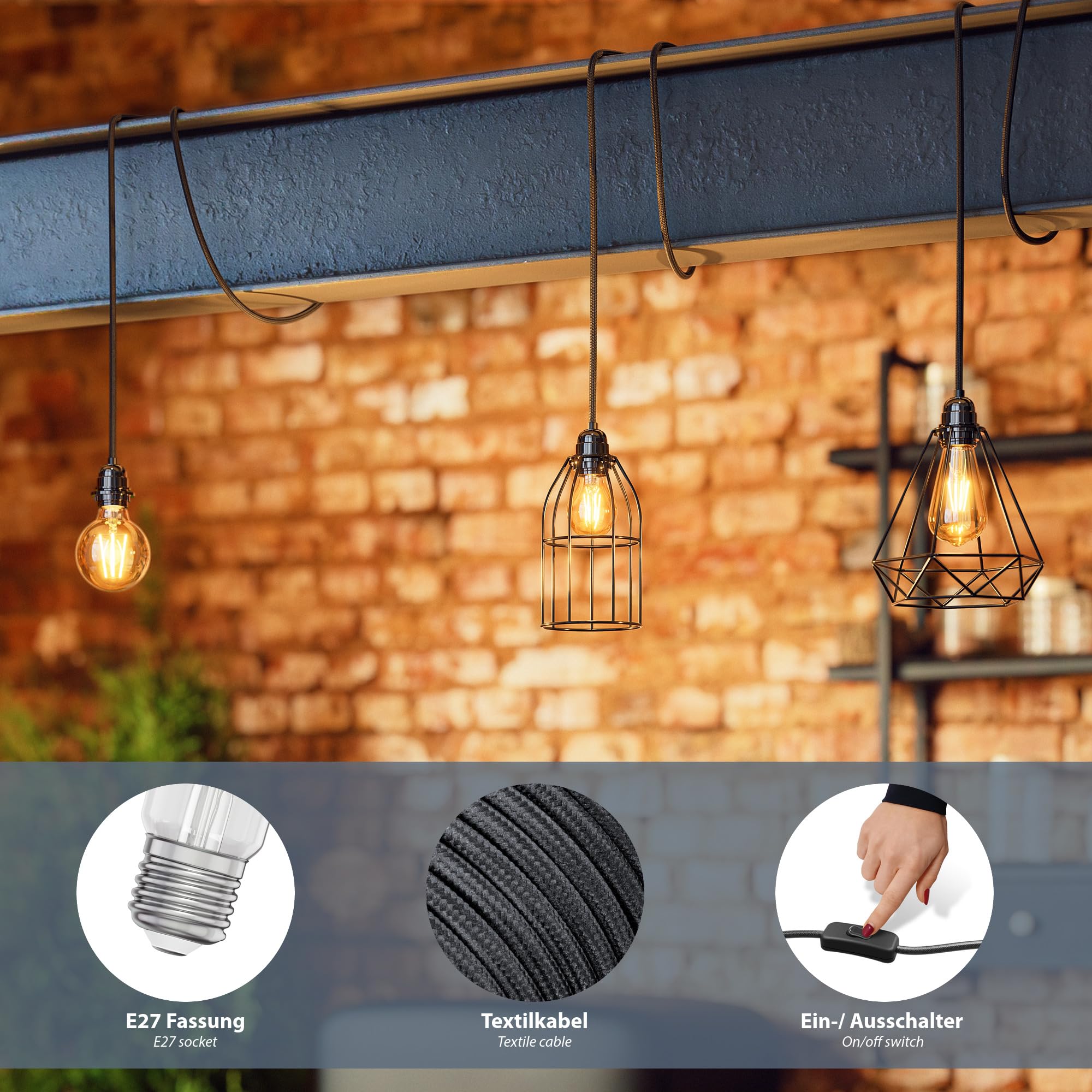 ledscom.de 2 cavi tessili LEKA, spina, interruttore, nero, 8 m, portalampada, 3x E27 max. 60 W