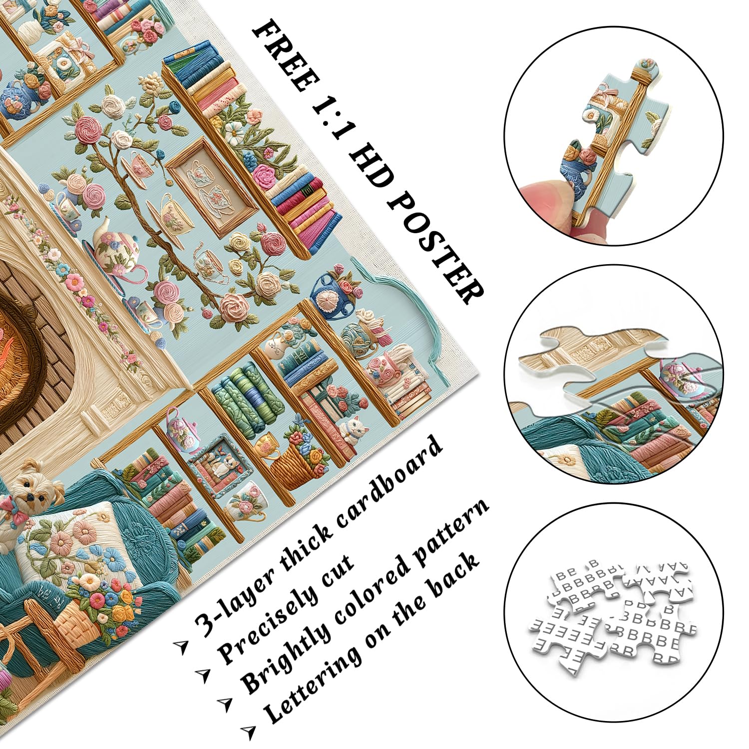 PICKFORU Cozy Puzzles for Adults 1000 Pieces, Dog Puppy Cat Jigsaw Puzzle Bookshelf Teacups, Embroidery Aesthetic Puzzle Cabin, Unique Modern Art Jigsaw Challenging - Image 3