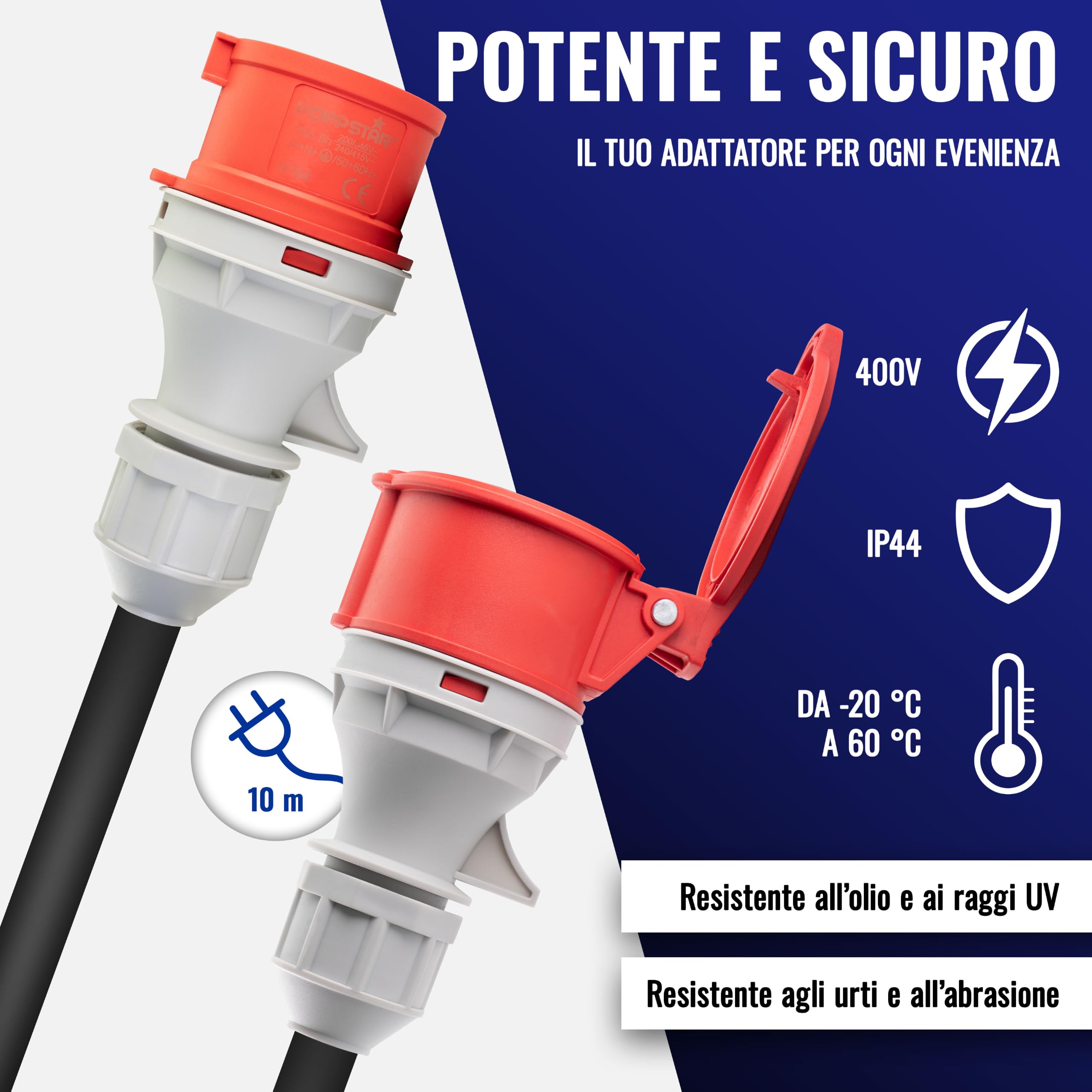 Poppstar Cavo di prolunga per corrente 10m (CEE 16A 5 poli, 400V, IP44, H07RN-F 5G1,5, spina e presa)