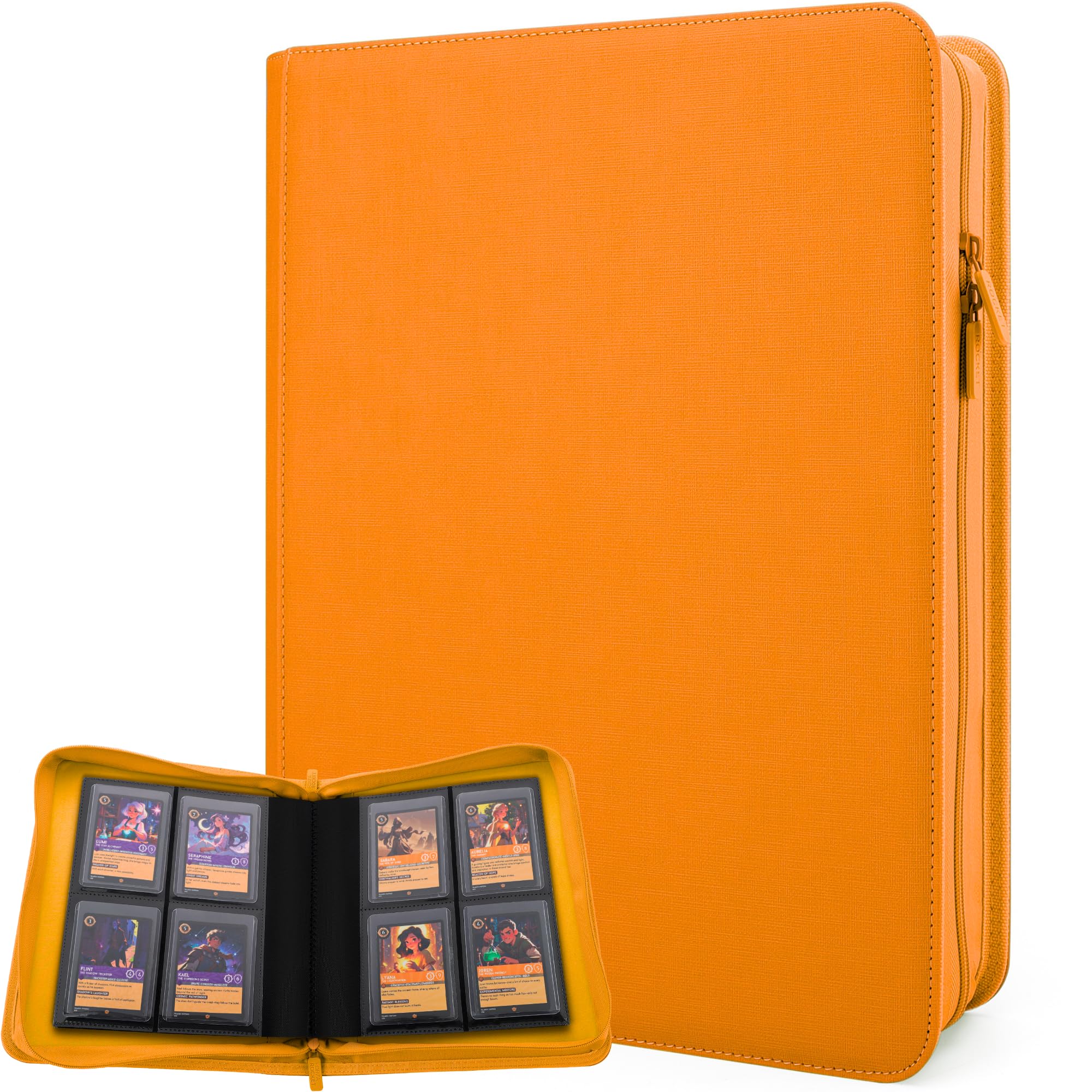 FORZAROCKET 4-Pocket Small Binder for Toploaders - Holds 144 Top Loaders, Ringless, Waterproof PU Leather, for Sports & Trading Cards (Orange)