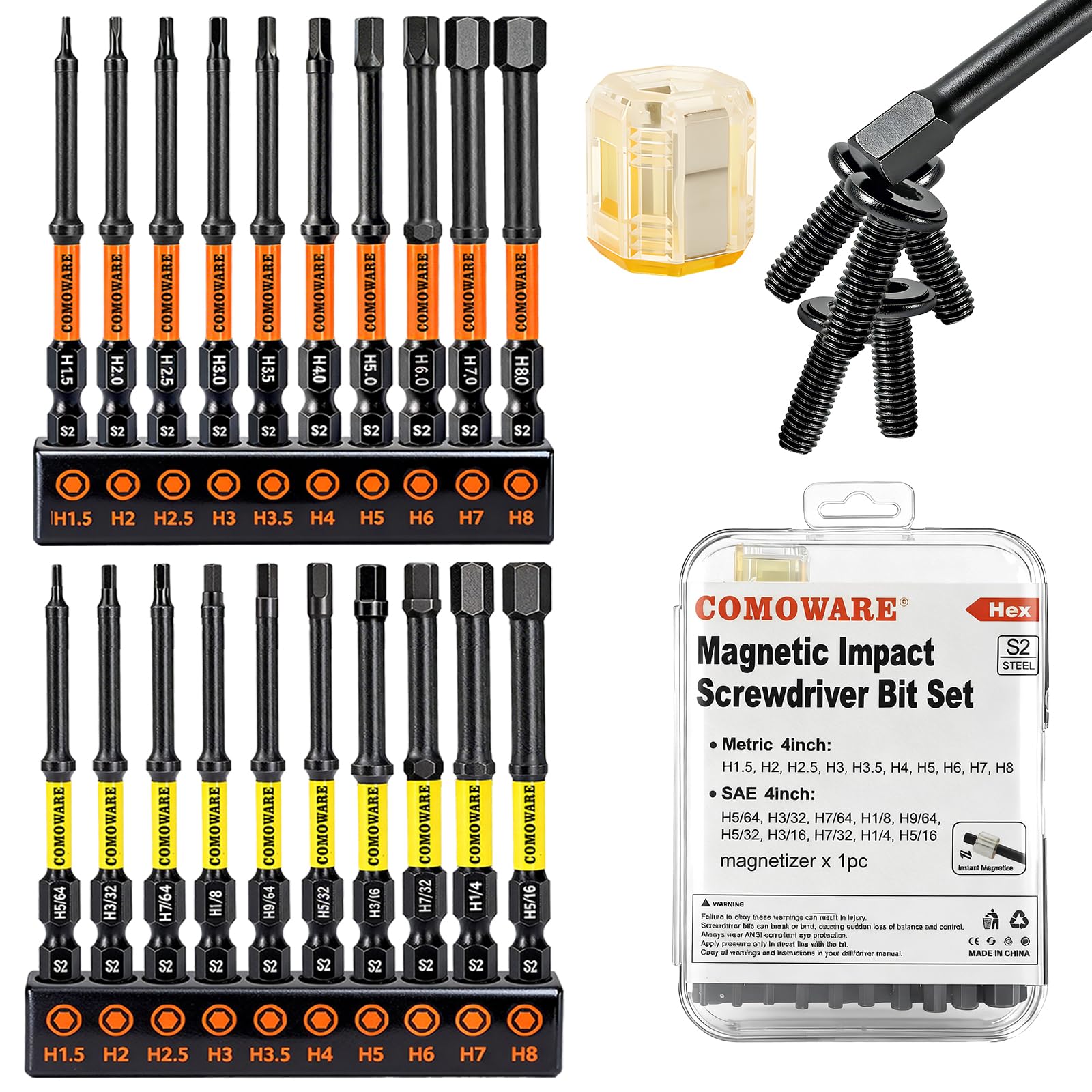 COMOWARE 20pcs Allen Wrench Drill Bits Metric&amp;SAE, S2 Steel 1/4" Hex Bit Set, CNC Tip Screwdriver Bits, 4" Length Magnetic Drill Bit, Impact Hex Bitss Set with Magnetizer for Power Drill
