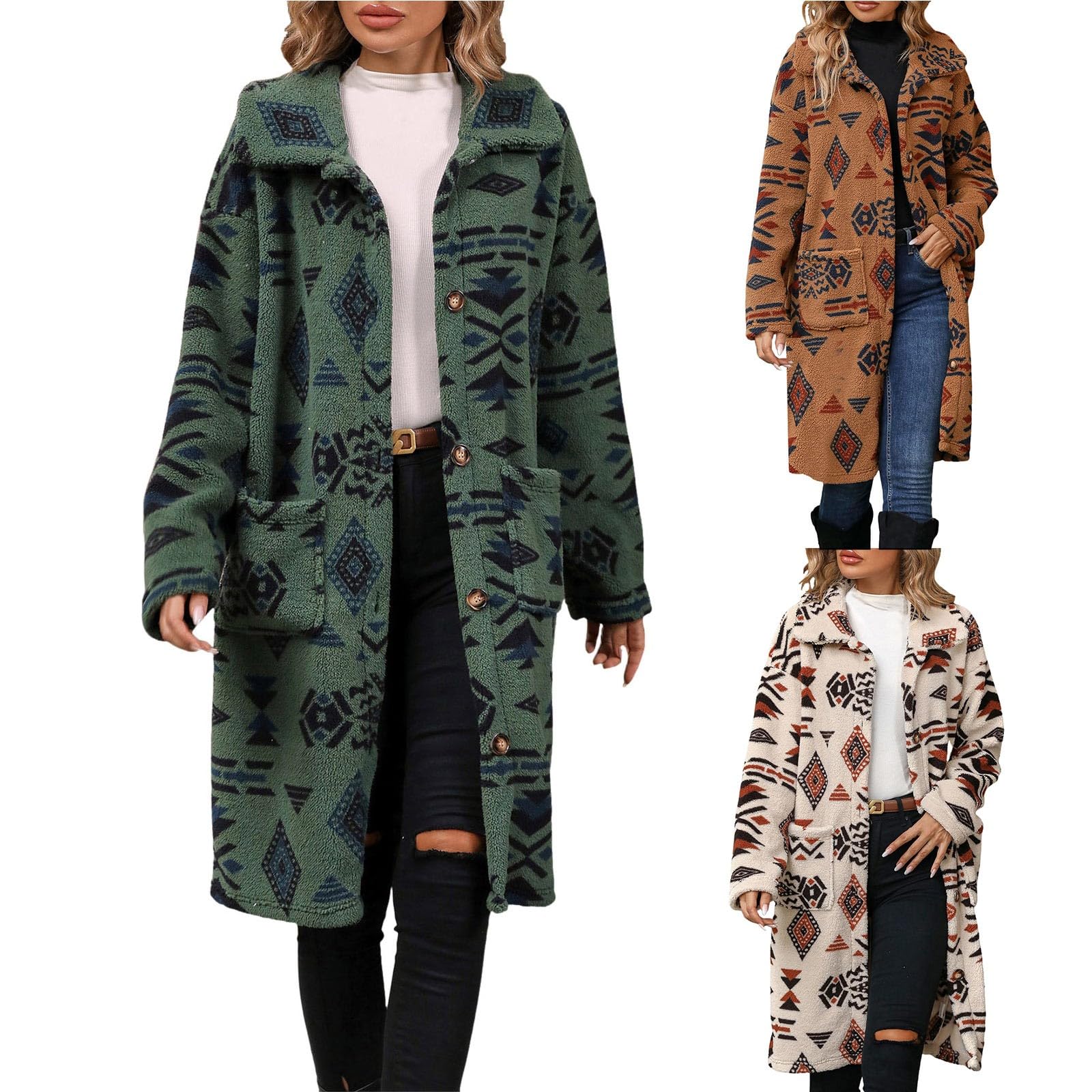 Generisch Chaqueta de forro polar para mujer, estilo étnico, chaqueta larga de invierno, chaqueta de forro polar de manga larga, chaqueta de forro polar, abrigo de invierno con bolsillos, chaqueta de