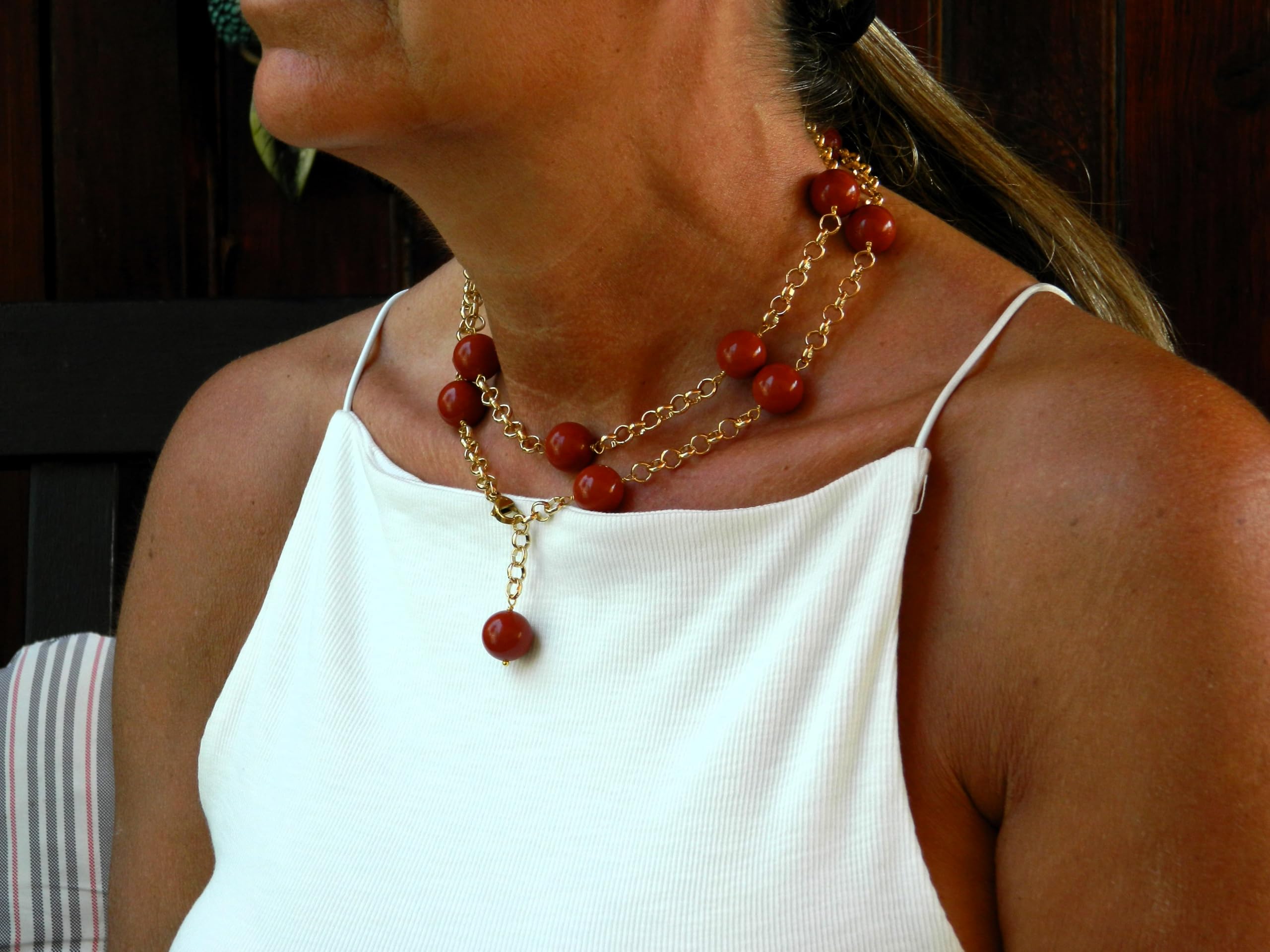 Collana Lunga Donna in Pasta di Corallo Rosso Sardegna – Catena Dorata 87 cm – Handmade in Italia – Anallergica – DodiGioielli