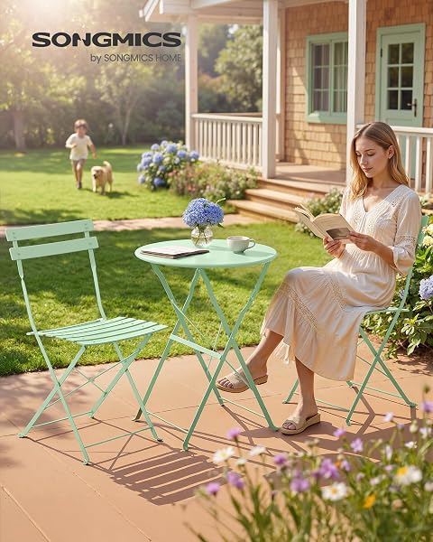SONGMICS 3-Piece Outdoor Bistro Set, Folding Patio Furniture Set with Table and 2 Chairs, Weather-Resistant Steel Balcony Furniture, for Balcony, Patio, Garden, Smoke Green UGGF036CZ01 - 2