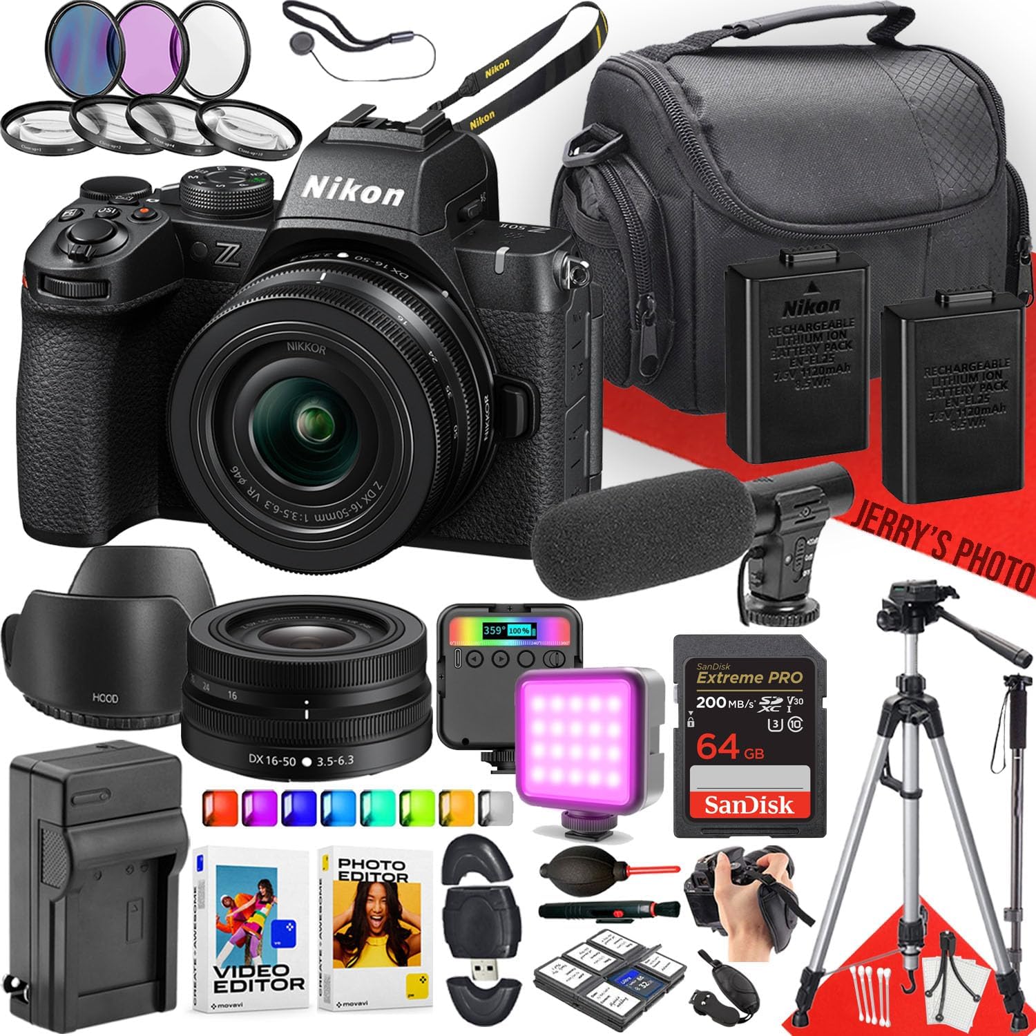 Nikon Z50II Mirrorless Camera with NIKKOR Z DX 16-50mm F/3.5-6.3 VR Lens + Microphone + LED Light + 64GB Memory + Monopod + Filters + Tripod + More (33pc Bundle)