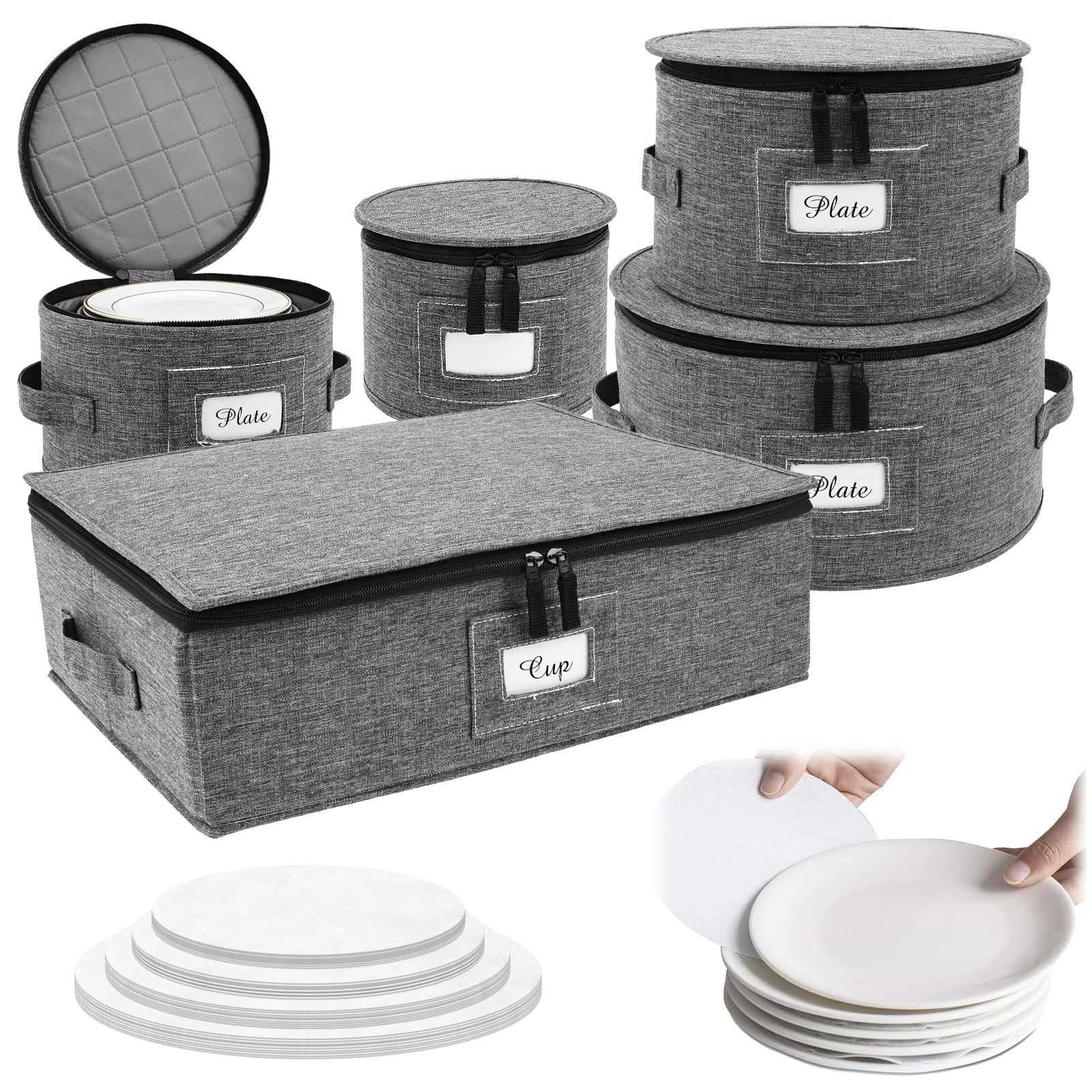 Anihet 5Pcs Dinner Plate Storage Box, China Storage Containers Set with Dividers, Sturdy Quilted Microfiber Dish Organizer Dinnerware Plates Holder for Tableware Cup Glassware Transport Moving