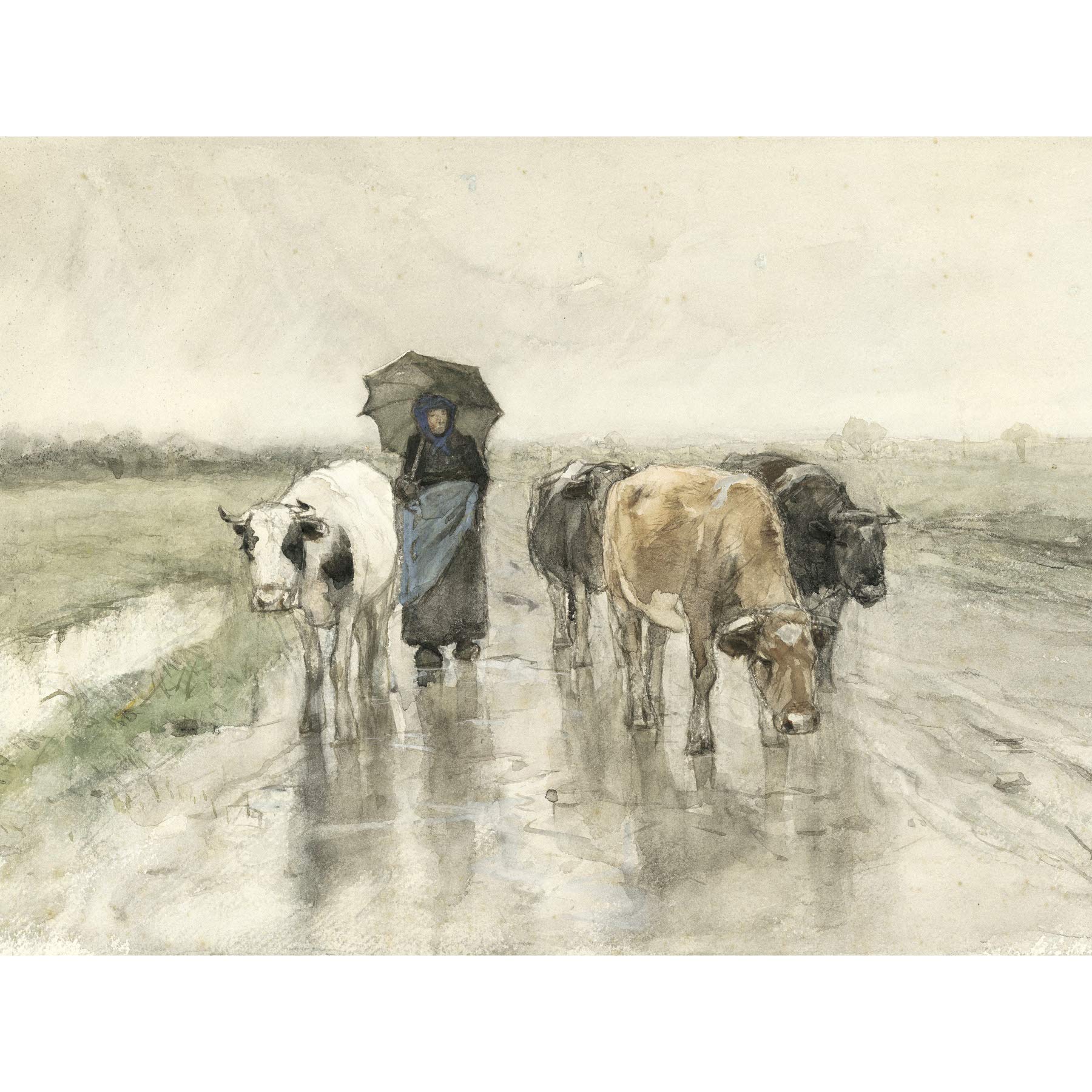 Mauve Herdess With Cows Country Road Rain Painting Premium Wall Art Canvas Print 18X24 Inch