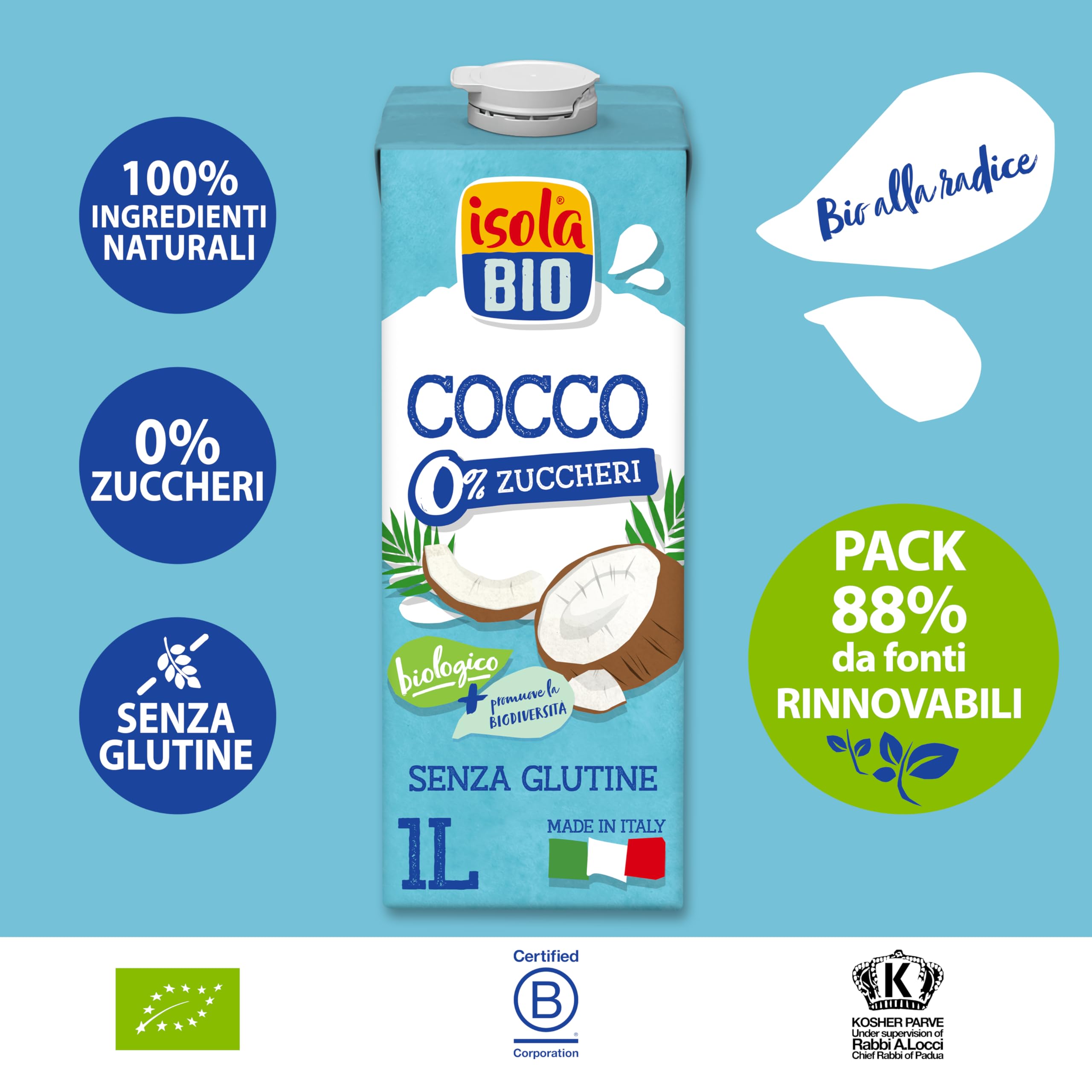 ISOLA BIO Bevanda di Cocco 0% Zuccheri, Bevanda Biologica con 100% Ingredienti Naturali, Senza Glutine, a Basso Contenuto di Sodio, per Vegetariani e Vegani, 6 Confezioni da 1 Litro