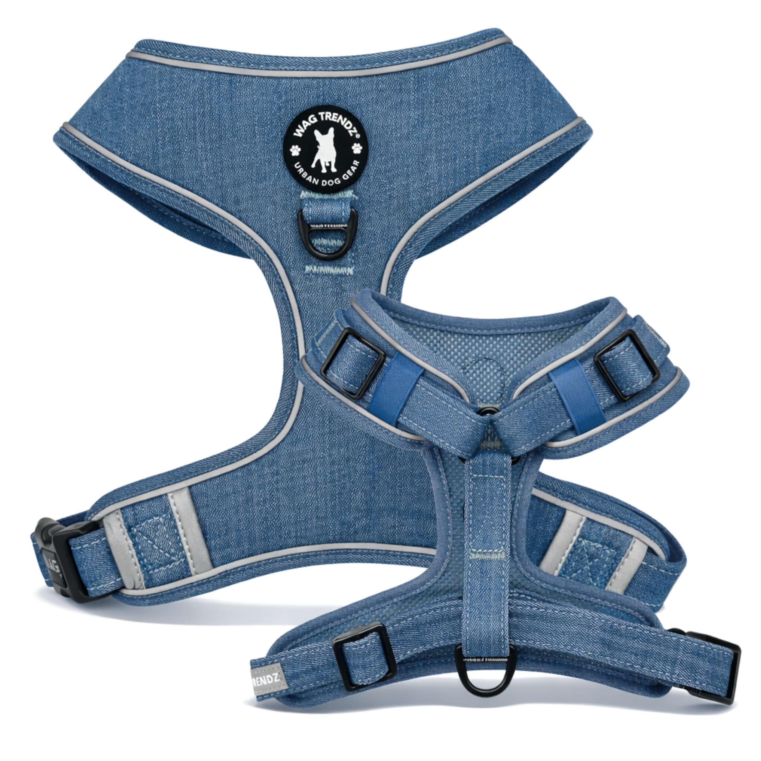 WAG TRENDZ XSmall Dog Harness | No Pull Front Clip Dog Harness | Reflective | Breathable Air Mesh Interior | Real Denim Exterior | Durable & Long Lasting | Downtown Denim | XS