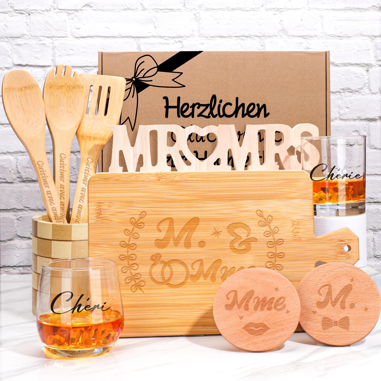 Tapis et Ensembles Coffret Cadeau de Mariage 10 Pièces, Bambou avec Planche, Verres, Dessous de Verre, Ustensiles de Cuisine, Support et Décoration MR & MRS,Cadeau Couple Marié