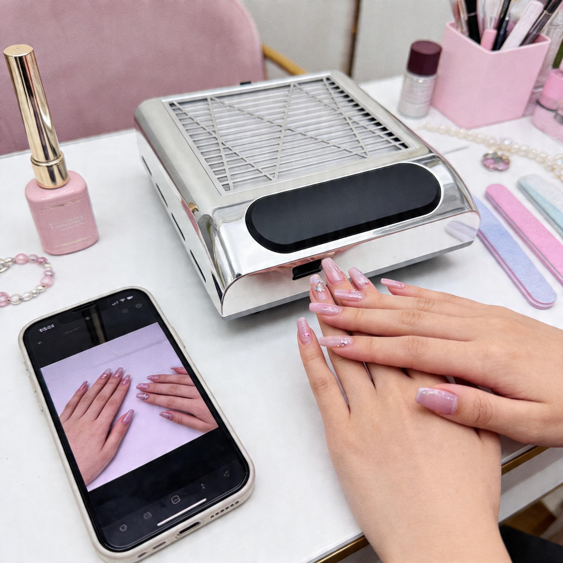 Pochłaniacz Pyłu do Paznokci 80W, Bezworkowy, Filtr Kasetowy, do Manicure, Srebrny, do Domu i Salonu