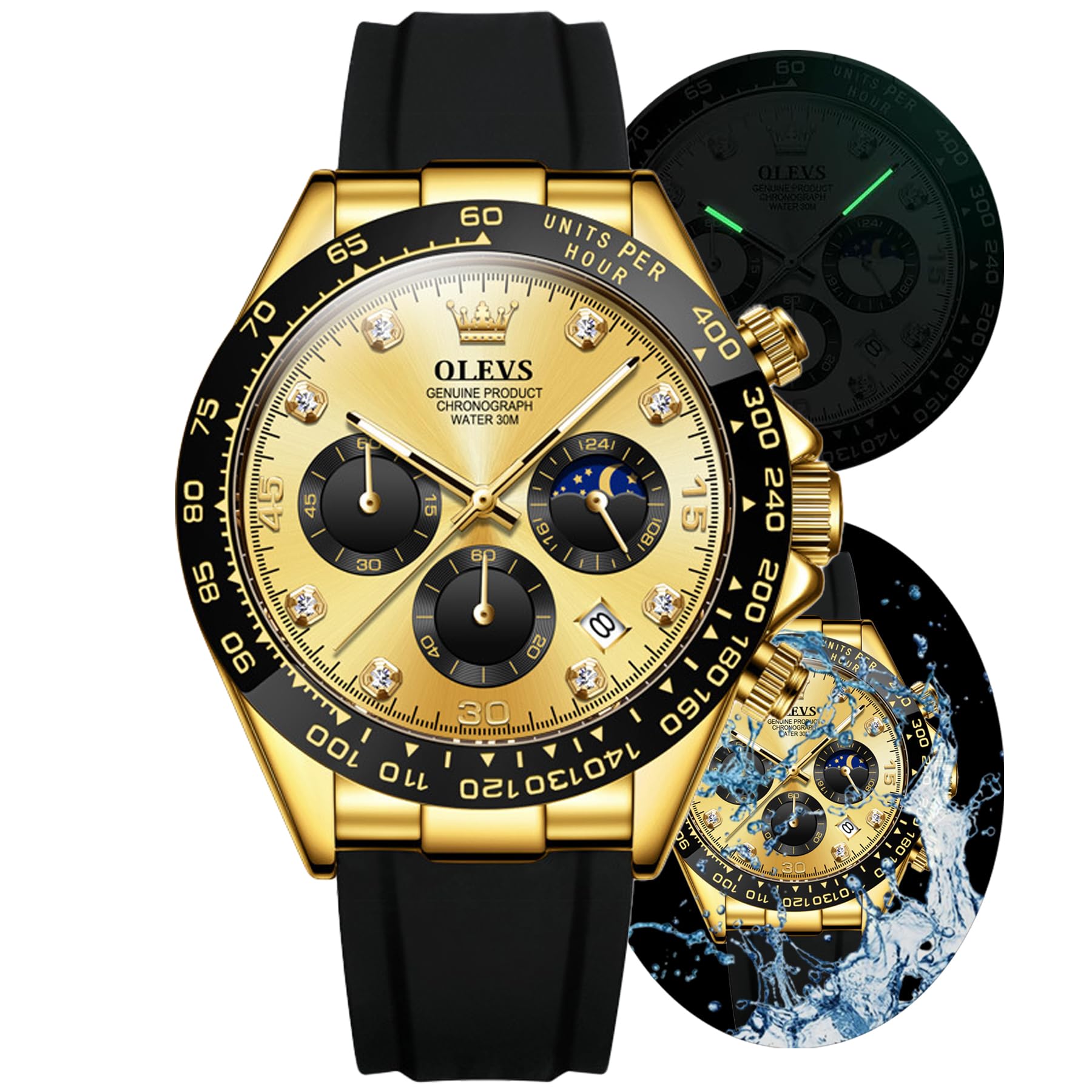 OLEVS Mens Watch Analog Chronograph Waterproof Multifunctional Diamond Sports Silicone Strap Moon Phase Quartz Night Light Mens Watch (IN-2875- Gold Surface) (B0D9YKZM9D) Amazon Price History, Amazon Price Tracker