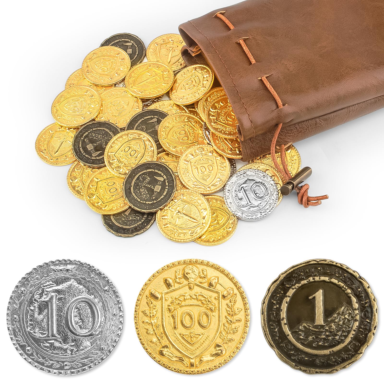 Byhoo 100PCS Metal DND Coins, 1.2" Gold Silver Copper Tokens with Face Value for Board Game and Tabletop RPG, Fantasy Metal Coins for Pirate Game Party Cosplay