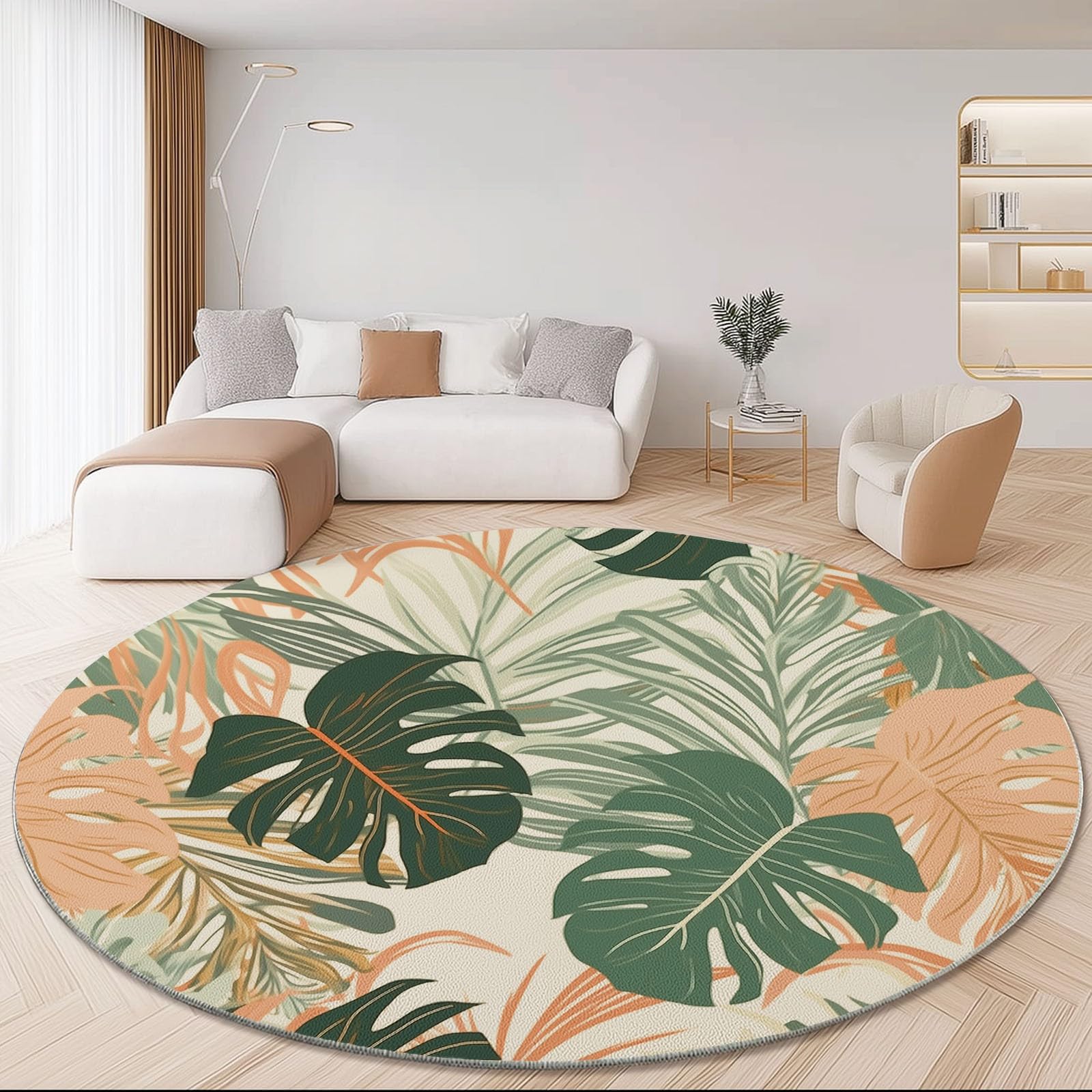 Okrągły dywan 120 cm, można prać w pralce, antypoślizgowy dywan podłogowy, niskie runo, miękki, zielony, monstera deliciosa, liście palmowe, dywan do salonu, sypialni, kuchni, pokoju dziecięcego