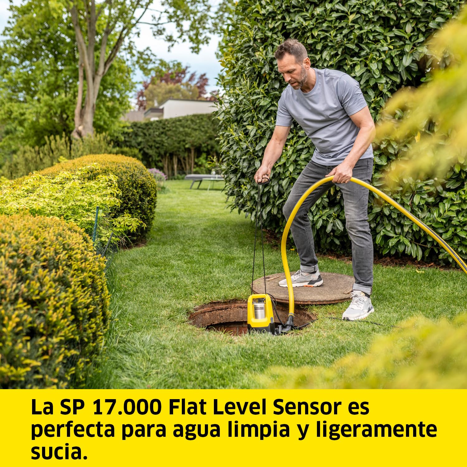 Kärcher SP 17.000 Flat Level Sensor Bomba Sumergible con aspiración en plano, Caudal: 17.000 l/h, Profundidad: máx. 7 m, Para Agua Sucia con Partículas de un Tamaño de Hasta 5 mm, Agua Restante: 1 mm