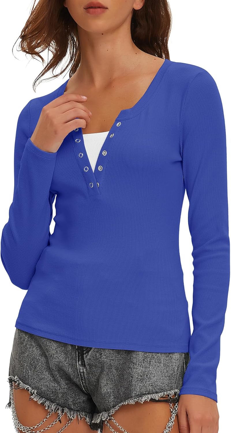 Beaully Women's Long Sleeve Henley Tops Ribbed Knit Slim Fitted Trendy T Shirt Basic Tees Layer 2026 Spring Fashion Outfits - Image 3
