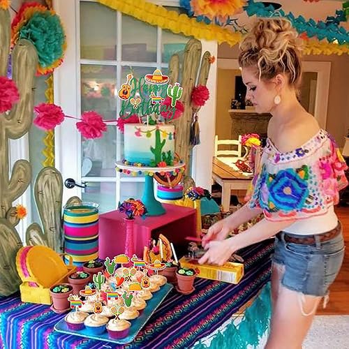 Miniatura 7 de 25 piezas de decoración mexicana para cupcakes, fiesta mexicana, feliz cumpleaños, cactus, burro, maraca, sombrero, guitarra, magdalenas, para
