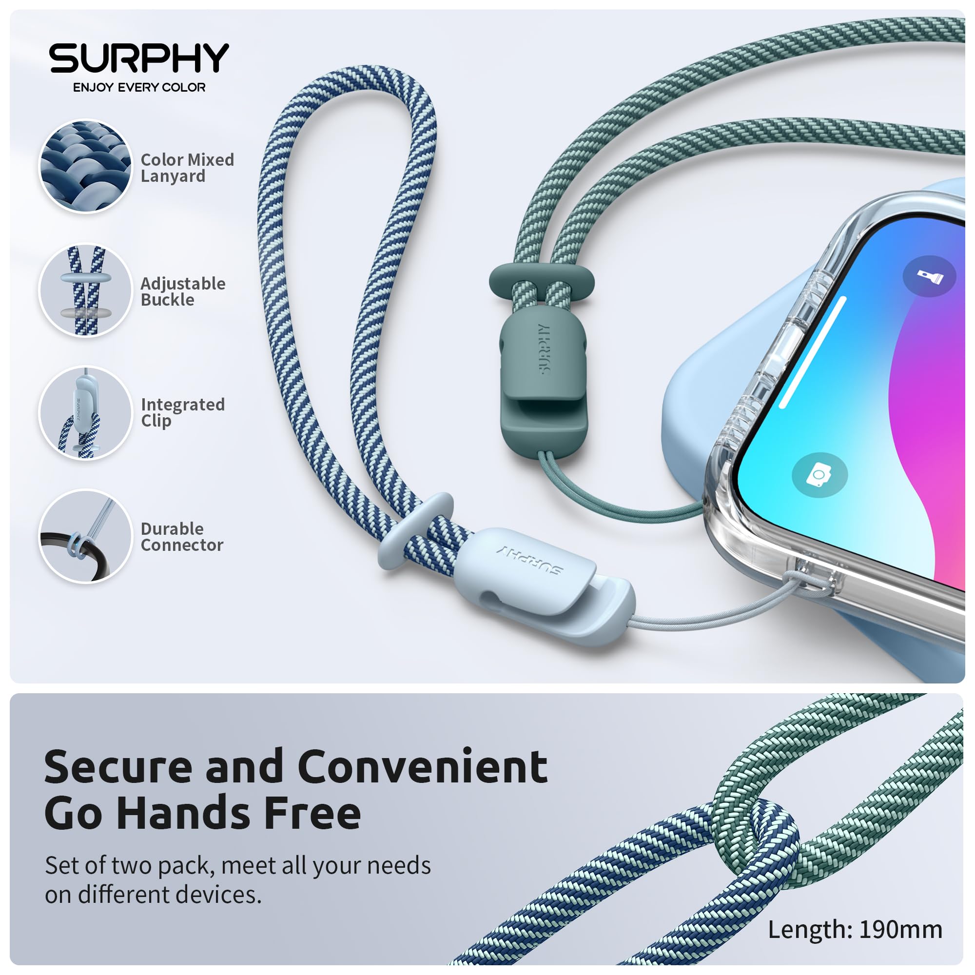 SURPHY Cordino per Cellulare,2 Pezzi Regolabili Universale Cordino,Compatibili con Custodia del Telefono per iPhone/Samsung/Xiaomi/Airpods e Molto Altro Ancora,24cm(Blu nuvola & Verde)