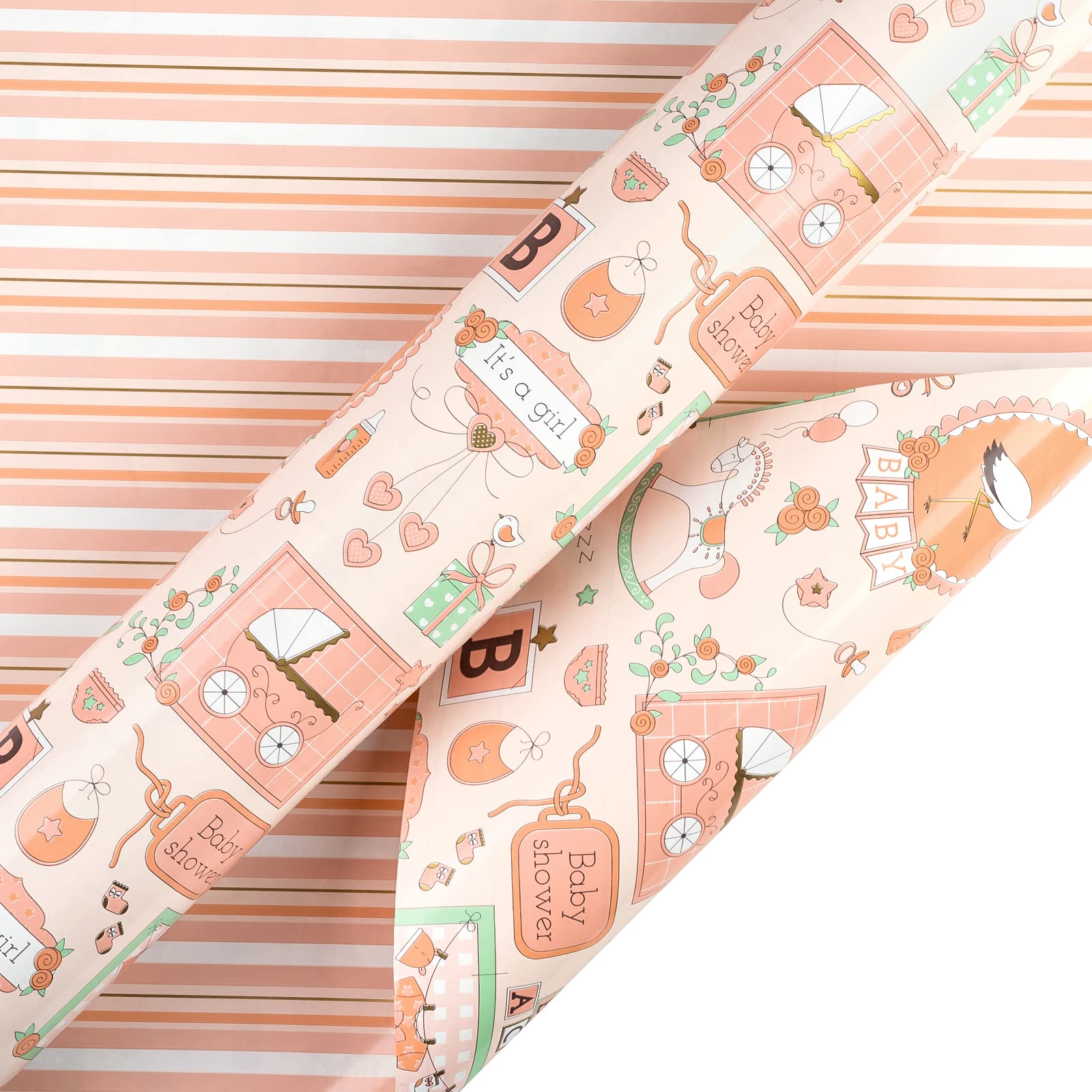 WRAPAHOLIC Papel de regalo reversible jumbo para niña – 30 pulgadas x 33 pies – Diseño de bebé niña y rayas para baby shower, cumpleaños, fiesta, vacaciones