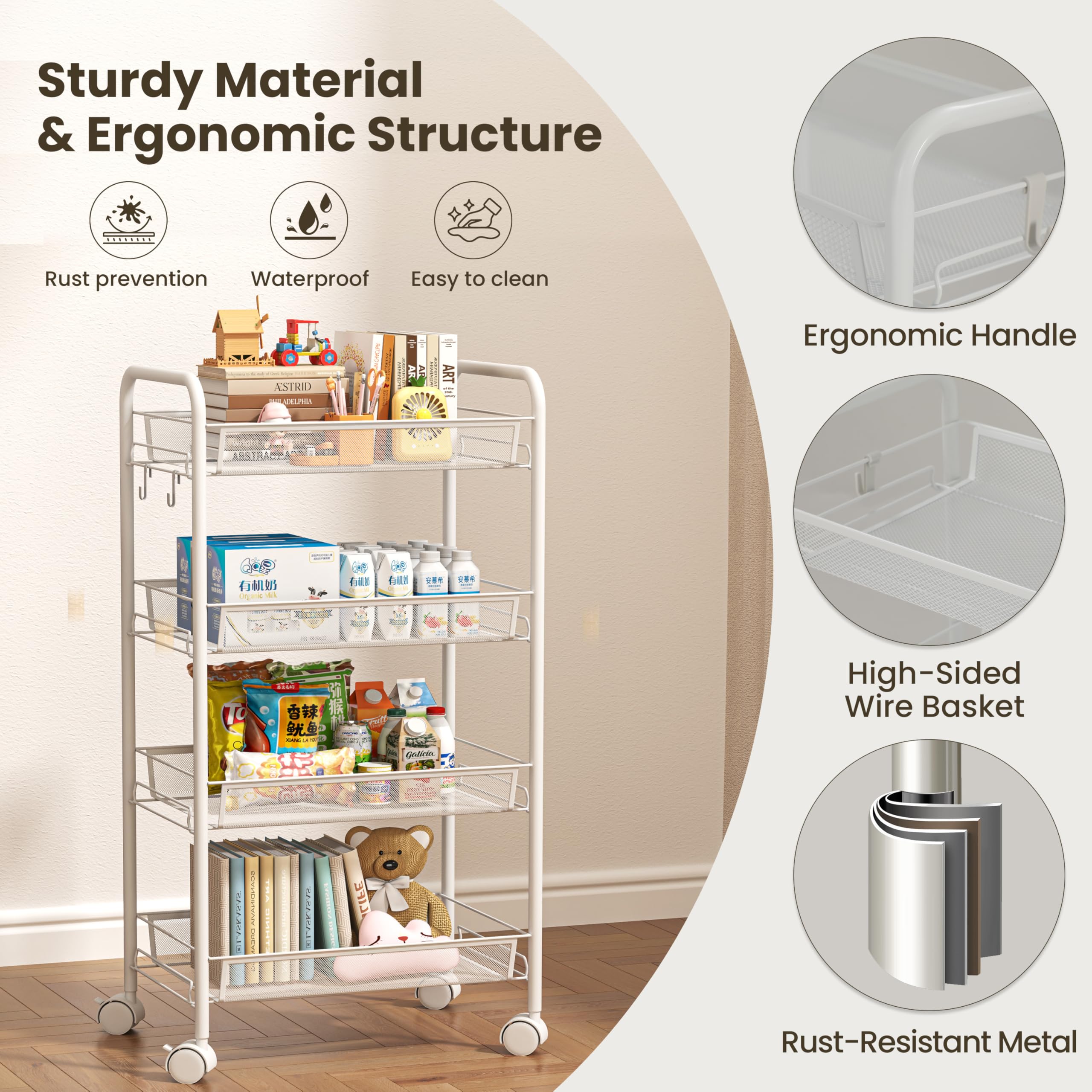 maxplore Carrello in metallo, 4 piani, carrello da cucina con manici, ruote bloccabili, per soggiorno, bagno, cucina, ufficio, bianco
