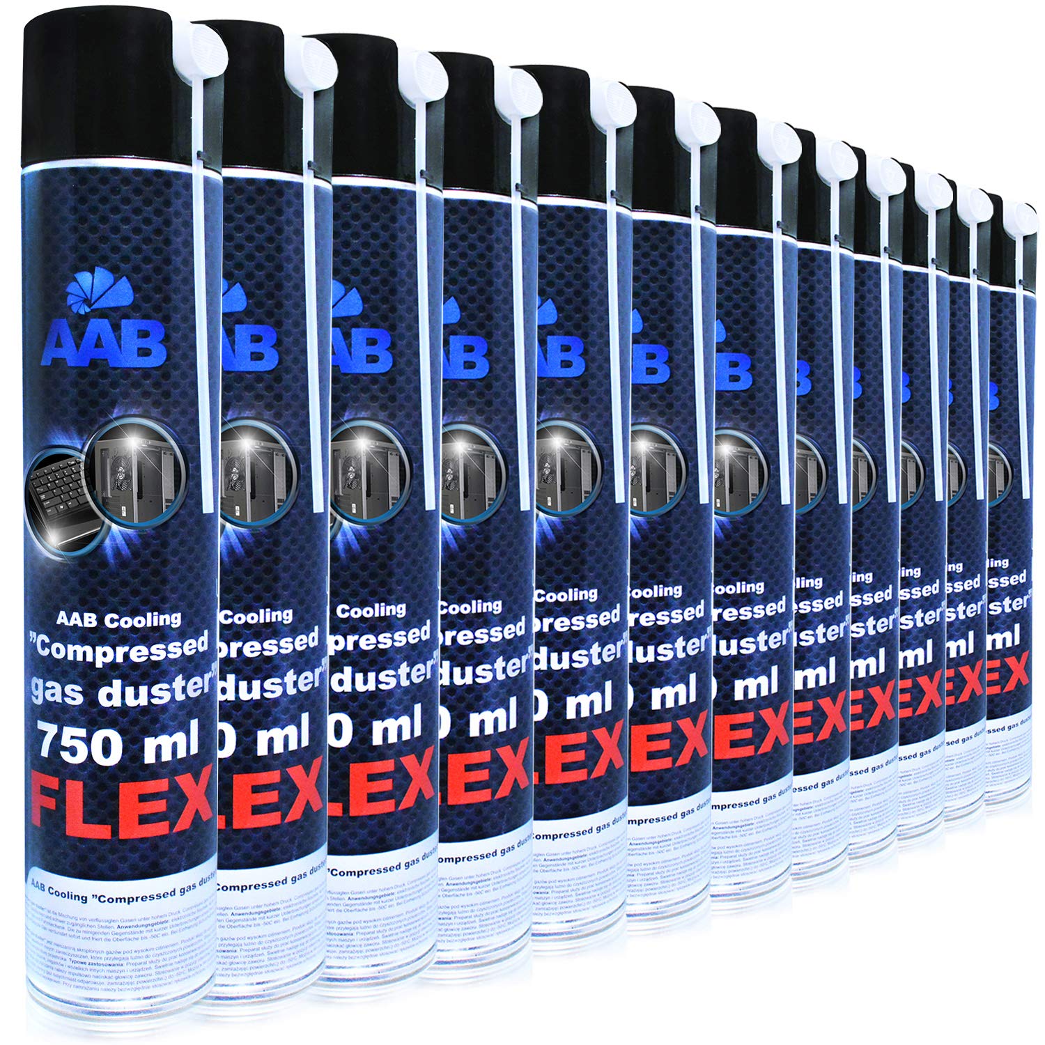12 x AAB Compressed Gas Duster FLEX 750ml - Aerozol Czyszczący z Długą Elastyczną Rurką, Spray do Odkurzania Komputera, Sprężone Powietrze do Klawiatury, Laptopa, Sprzętu Biurowego, PC