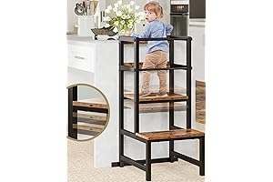 Height-Adjustable Kitchen Helper Stool for Toddlers with Safety Rails