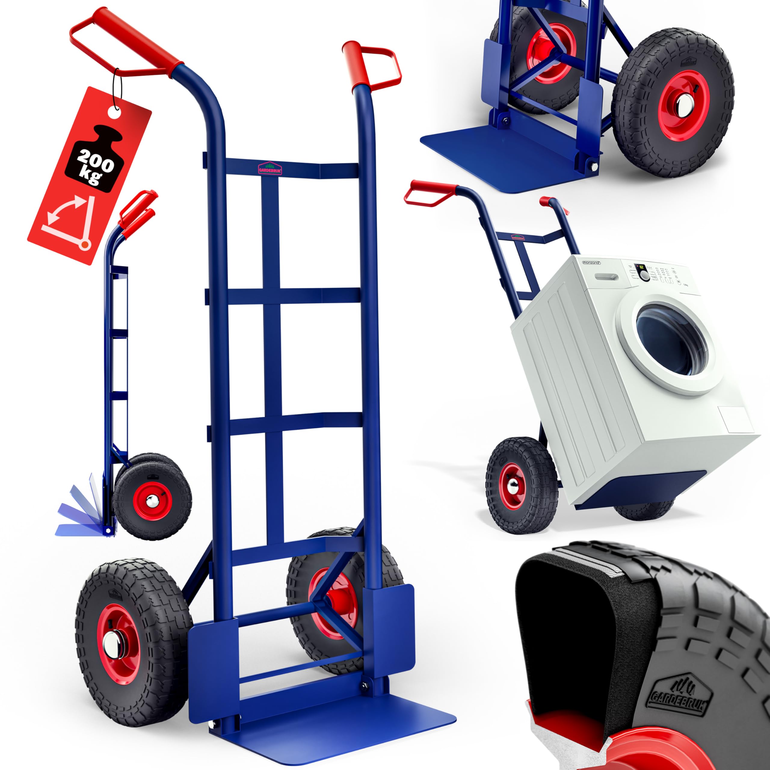 GARDEBRUK® Carretilla de Mano Plegable Carga hasta 200Kg Carro Mudanza Acero Asas Protectoras Carrito de Transporte Portátil 2 Ruedas Resistentes Azul