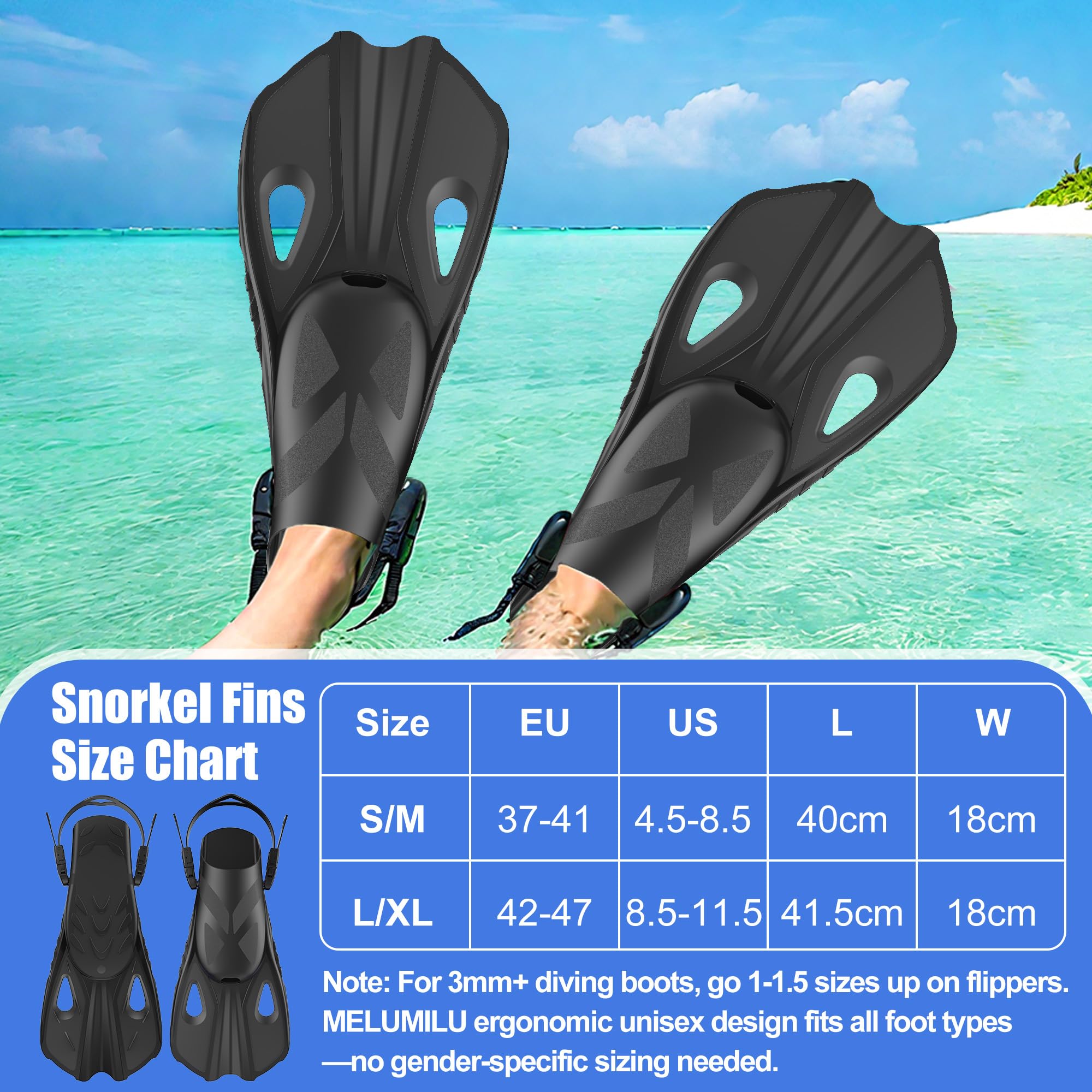 MELUMILU Snorkel Fins, Swim Fins Travel Size Short Adjustable for Snorkeling Diving Adult Men Women Open Heel Swimming Flippers: Black L/XL (US Men 8.5-11.5 / Women 9.5-12.5)