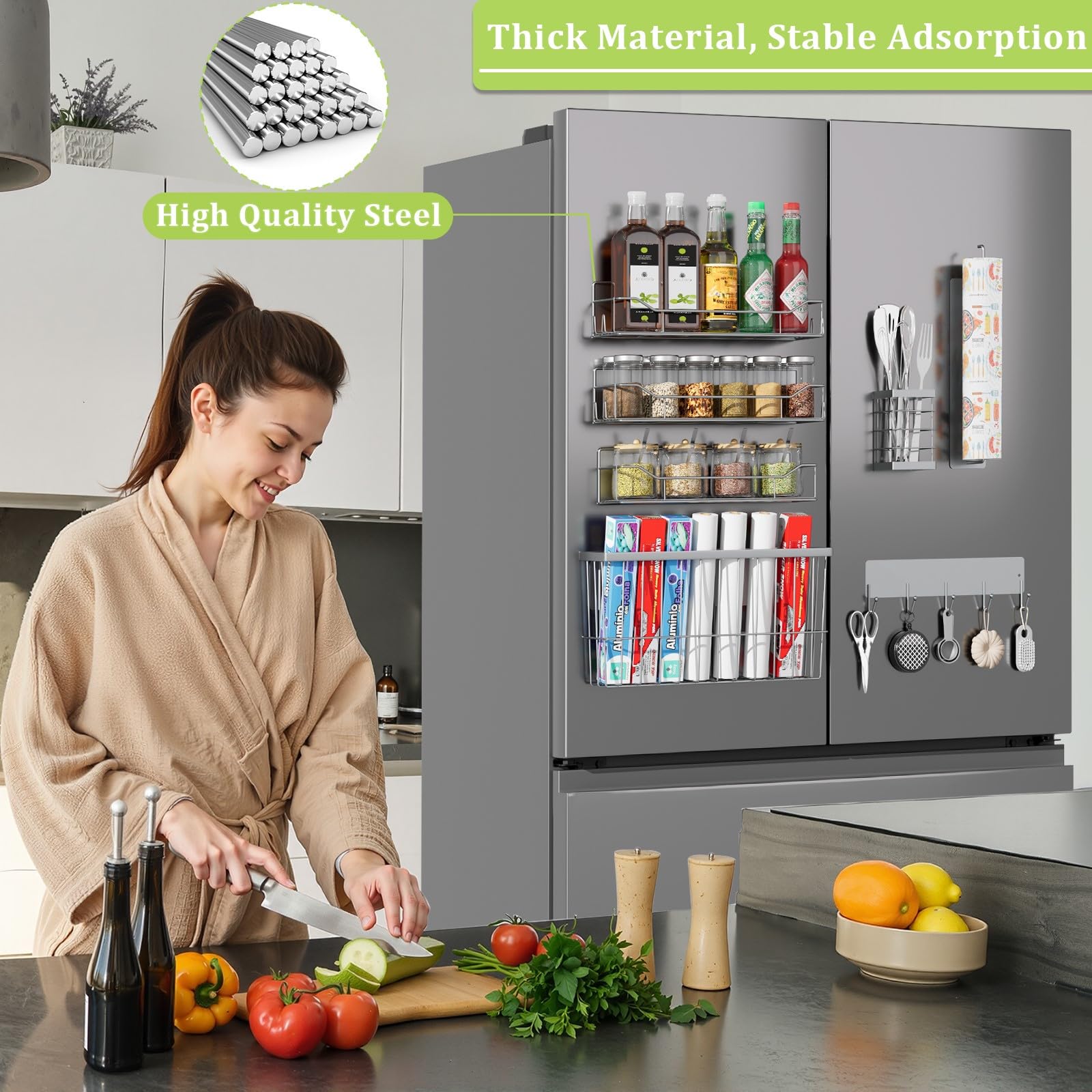 Magnetisches Gewürzregal für Kühlschrank, 7 Stück, magnetisches Kühlschrankregal mit Papierhandtuchhalter, Utensilienhalter, Schneidebrett-Regal, bewegliches Gewürz-Organizer-Regal für Küche