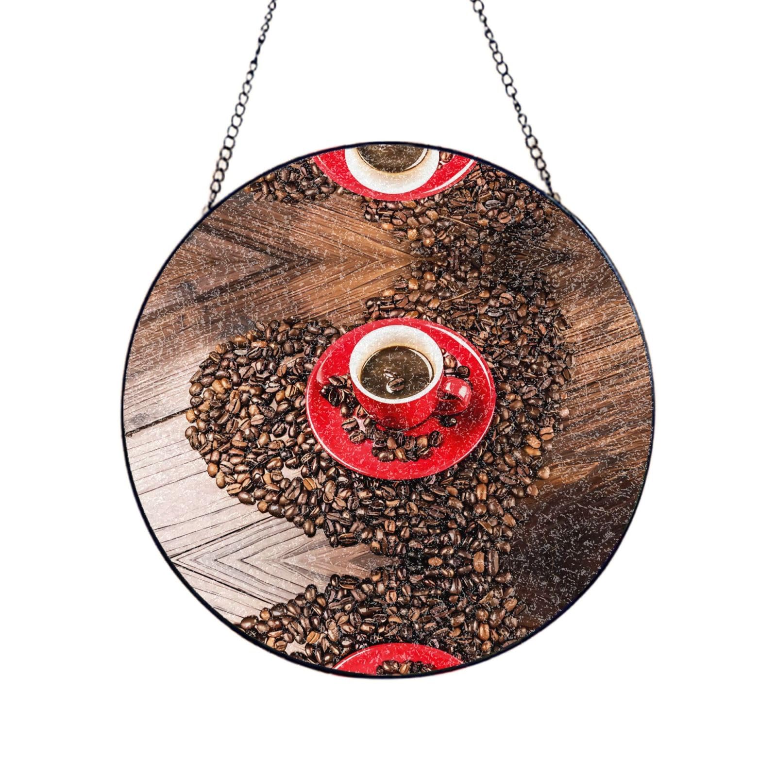 Phayah Coffee Beans & Cup Print Stained Glass Window Hanging Suncatcher For Door Terrace Garden Home Decor Sun Catcher Birthday Gifts For Lovers Dad Mom 12in（30cm）