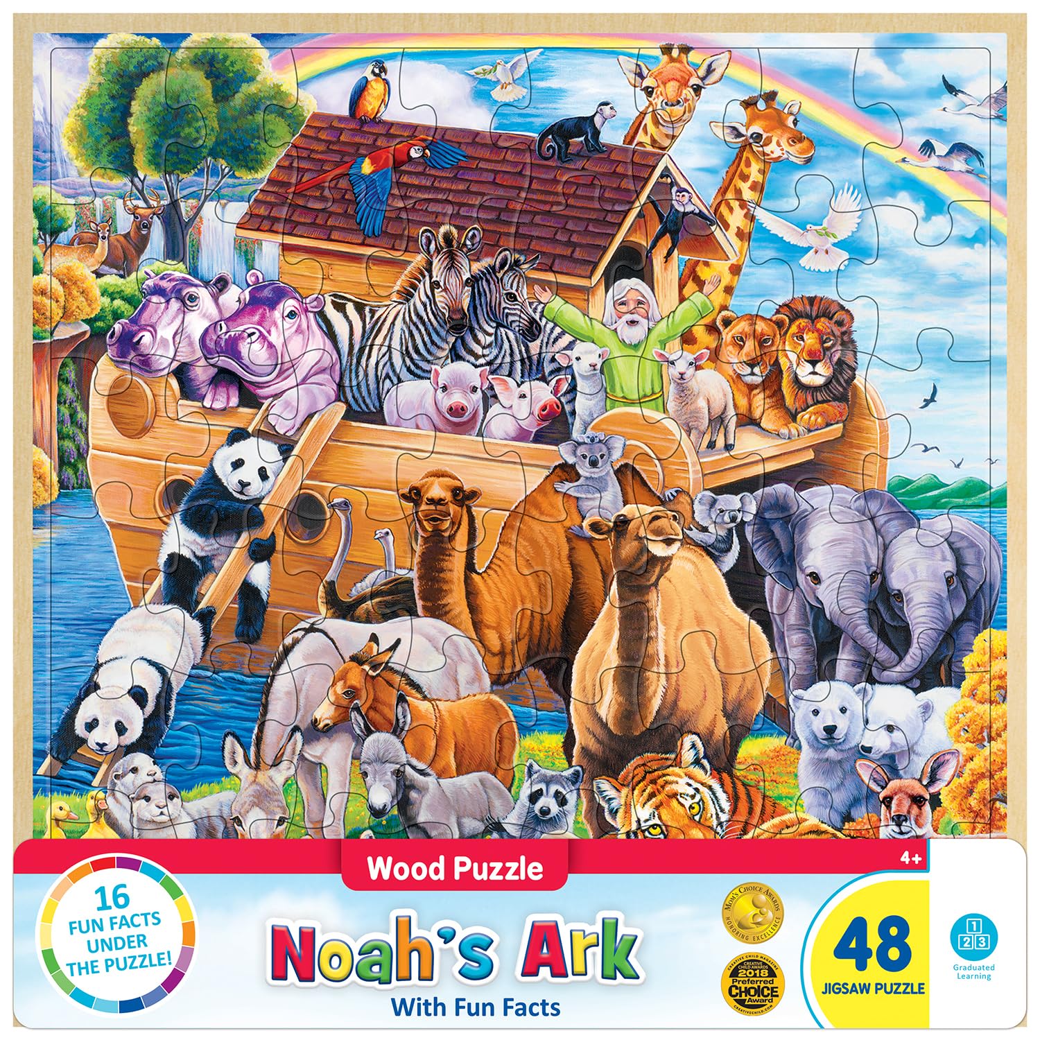 Masterpieces 48 Piece Fun Facts Jigsaw Puzzle for Kids - Noah's Ark Wood Puzzle - 12"x12"