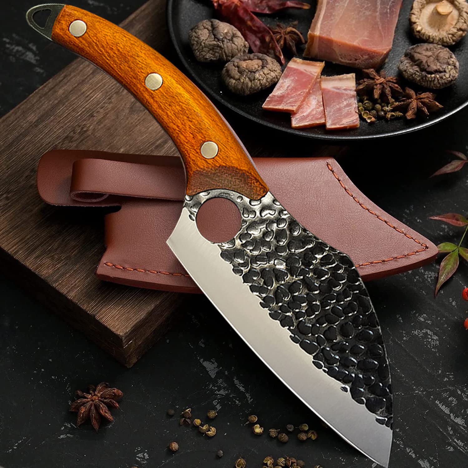 Coltelli da Cucina Forgiati a mano, Coltello da Chef professionista, lama in acciaio ad alto tenore di carbonio con affilatura duratura - manico ergonomico in legno con fodero in pelle…