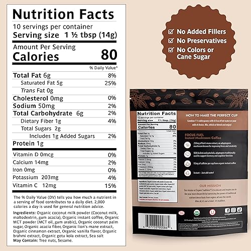 Miniatura 2 de Café de hongos Organic Traditions Focus Fuel - Café orgánico instantáneo de hongos con melena de león, adaptógenos, MCT y leche de coco en polvo,