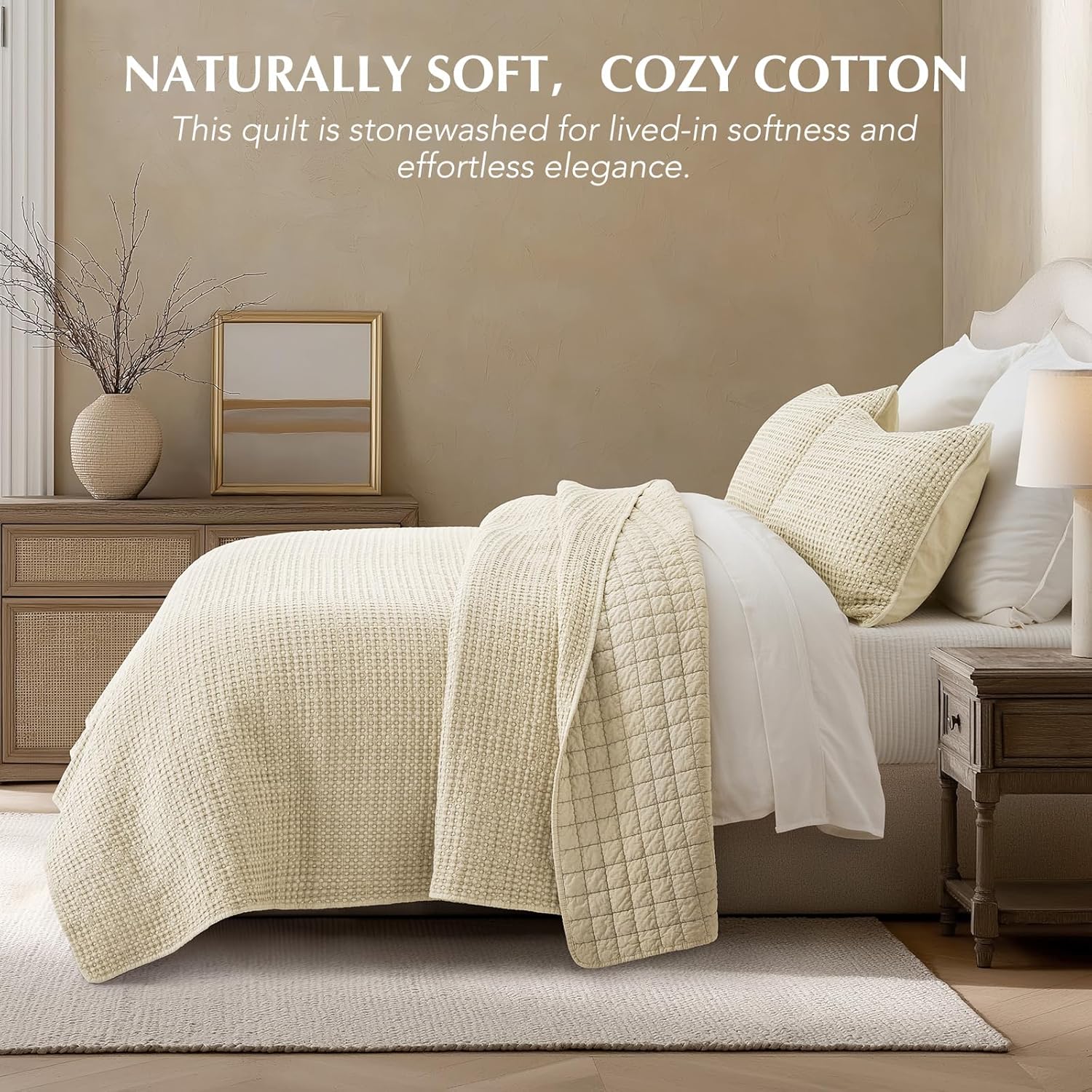 EverGrace Stonewashed 100% Natural Cotton Waffle Quilt Set Queen Size 3 Pieces, Durable, Textured & Substantial Bedding, Quilted Coverlet Bedspread with 2 Shams for All Seasons, Natural | Waffle Weave, 100% Cotton, Stonewashed, Box Stitch Design