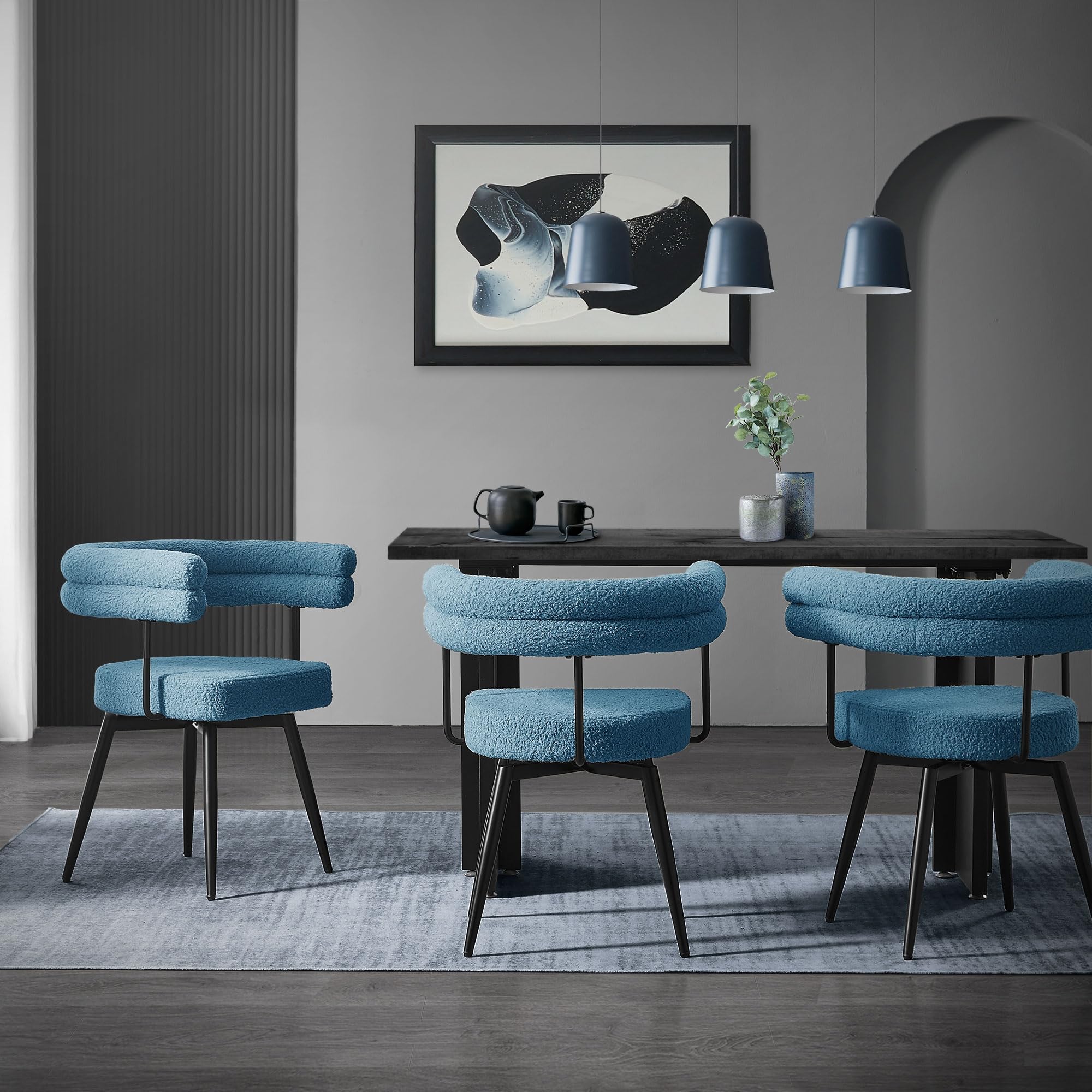 ML-Design Set di 4 Sedie da Sala da Pranzo Girevoli a 360° in Tessuto Teddy Blu, Poltrone da Soggiorno con Braccioli e Schienale Imbottito, Sedili Moderni Ergonomici con Gambe in Metallo per Ufficio