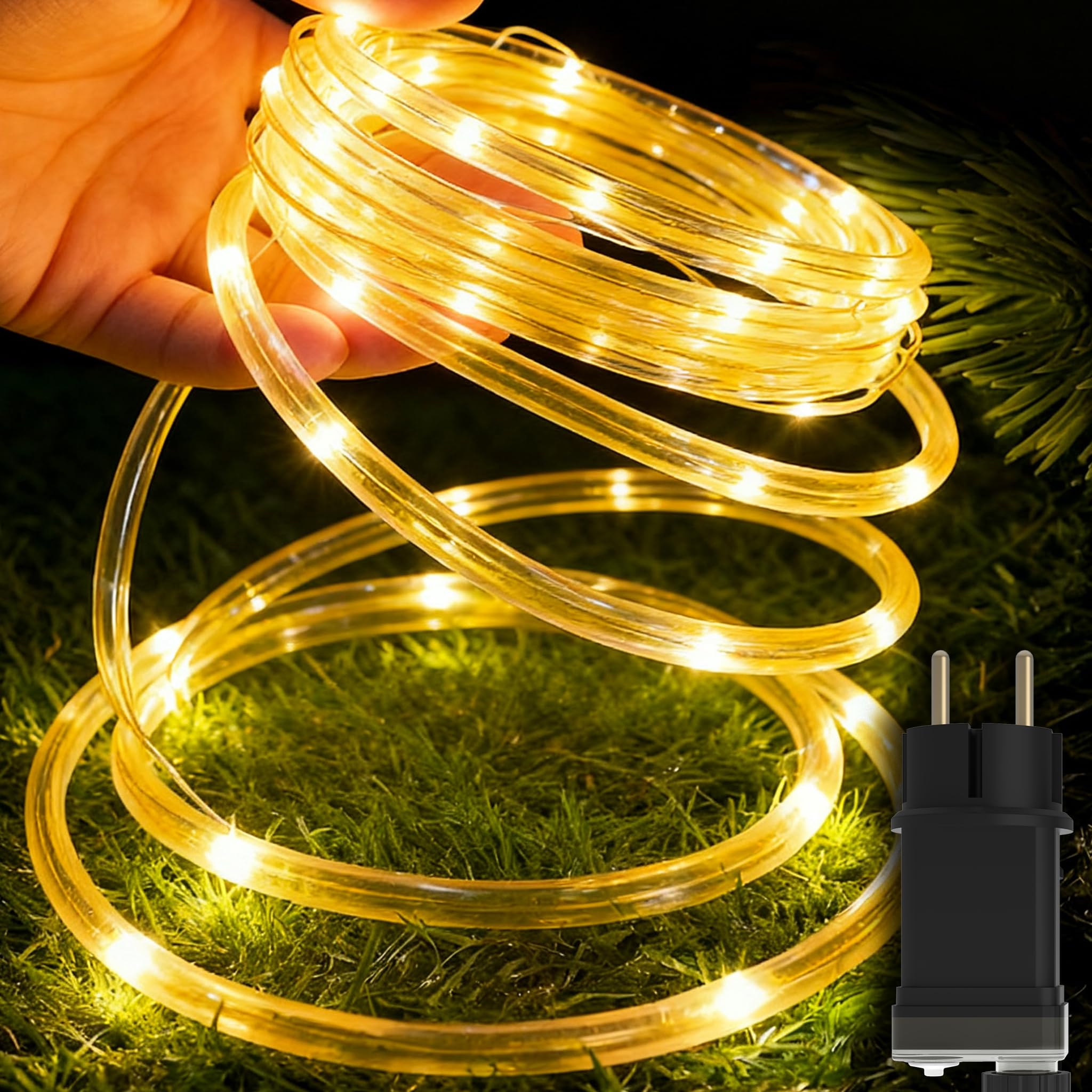YRHome - Tubo de luces LED de 20 m con 200 LEDs, con enchufe, para exterior con temporizador, 8 modos y función de atenuación, IP44, impermeable, luz decorativa en color blanco cálido para interior y