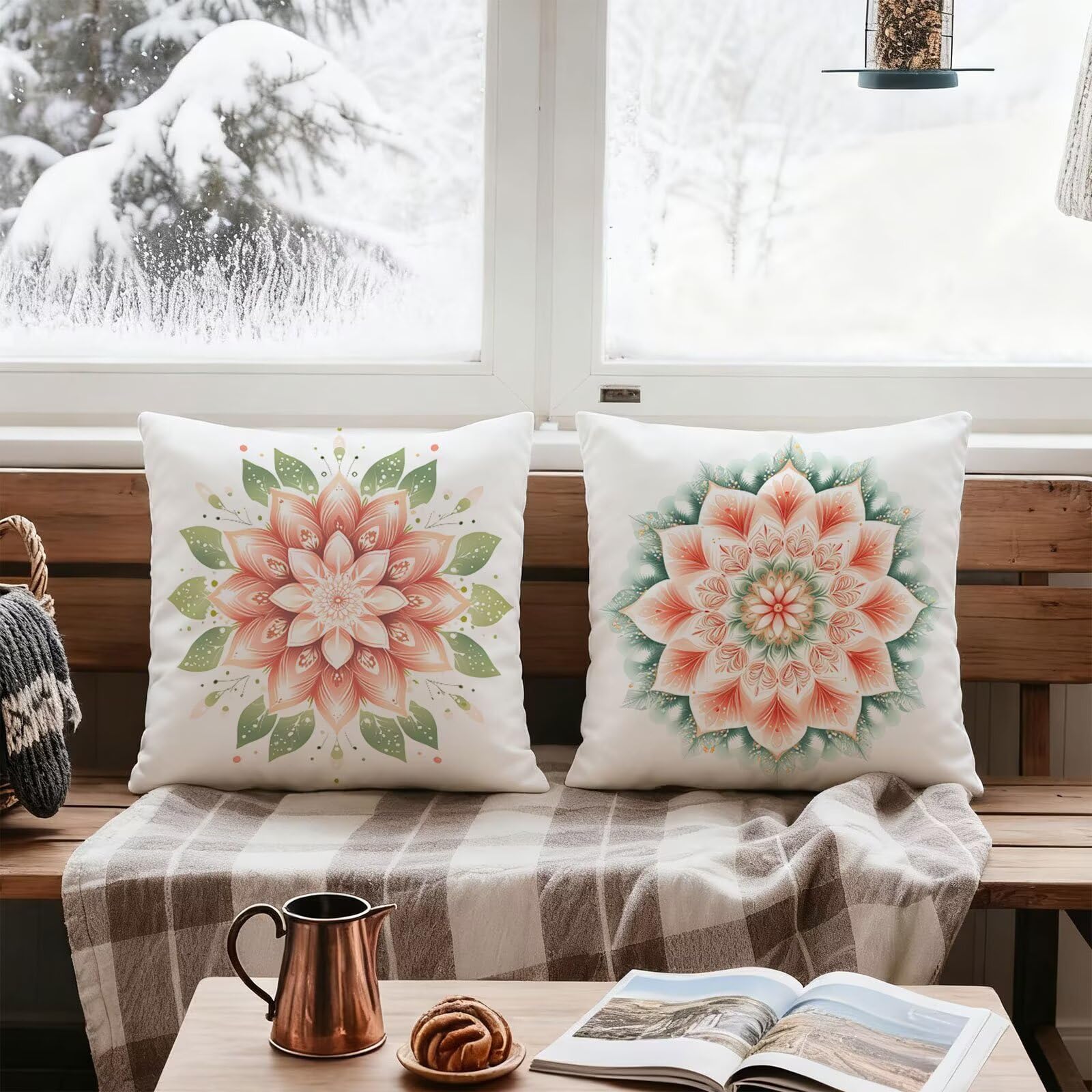 Rose Housse Coussin 60x60 Mandala Taie Oreiller 60x60 Lot de 4 Super Doux Protege Oreiller 60 x 60 Decoration Automne Taie D'oreiller Carrées Coussin Canape, pour Maison Chambre Canapé Chaise E - 508