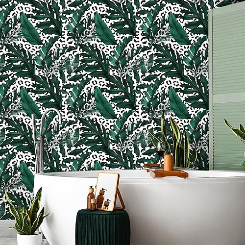 Miniatura 3 de CRE8TIVE Monstera - Papel tapiz autoadhesivo de 24 x 118 pulgadas, diseño de leopardo blanco y negro, papel de contacto de selva tropical,