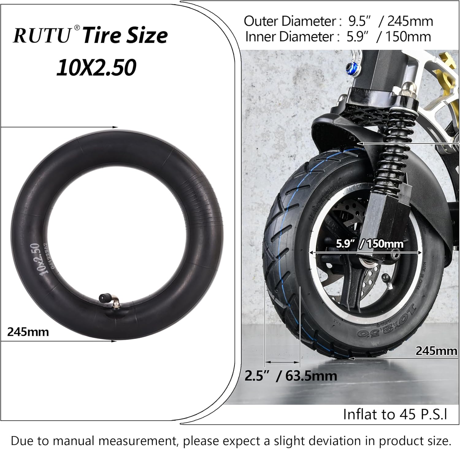 RUTU 10 x 2.50 Tire or Inner Tube and Tire Set Replacement for Smart Self Balancing Electric Scooters, Hover Board Fits 10" Scooter Wheels, 36v, 48v, 400w, 500w, 800w Hub Motor