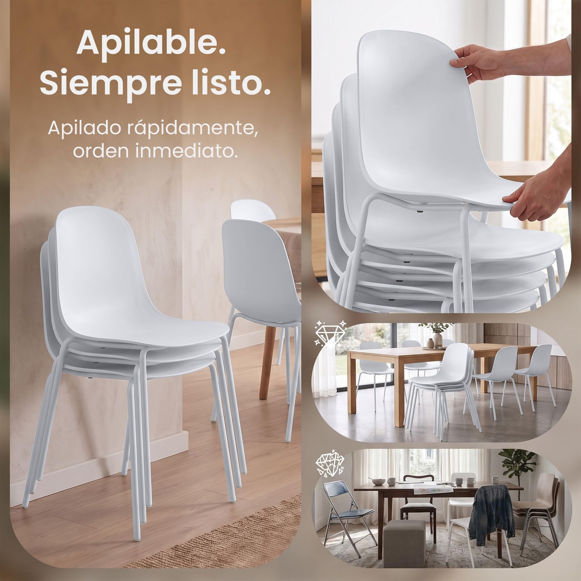 CLP Juego de 2 sillas apilables Hardin con Asiento ergonómico de plástico y Estructura metálica para Comedor, Sala de reuniones y Cocina Color:Blanco